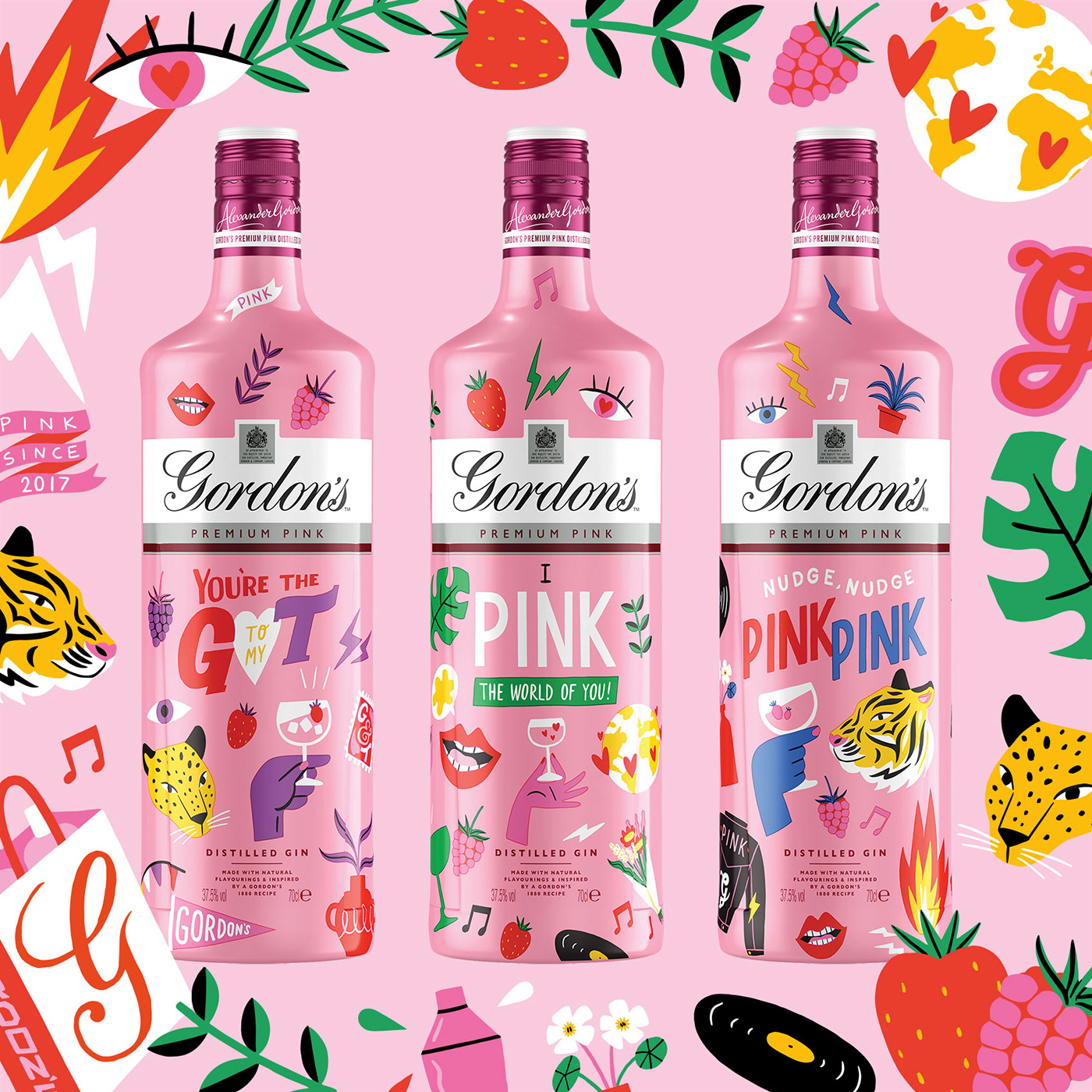 3 bottles of pink gin decorated with bright, modern illustrations