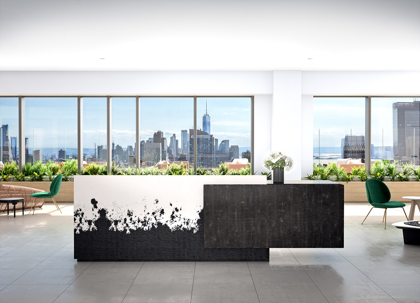 commercial penthouse march tower new york city stair terrace skyline Office desk