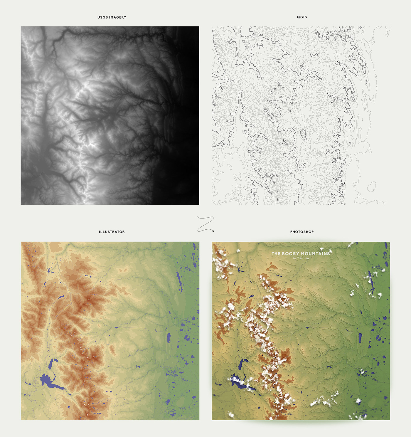 Design steps fo the Colorado map data visualization with paper cut style (Photoshop, Illustrator)