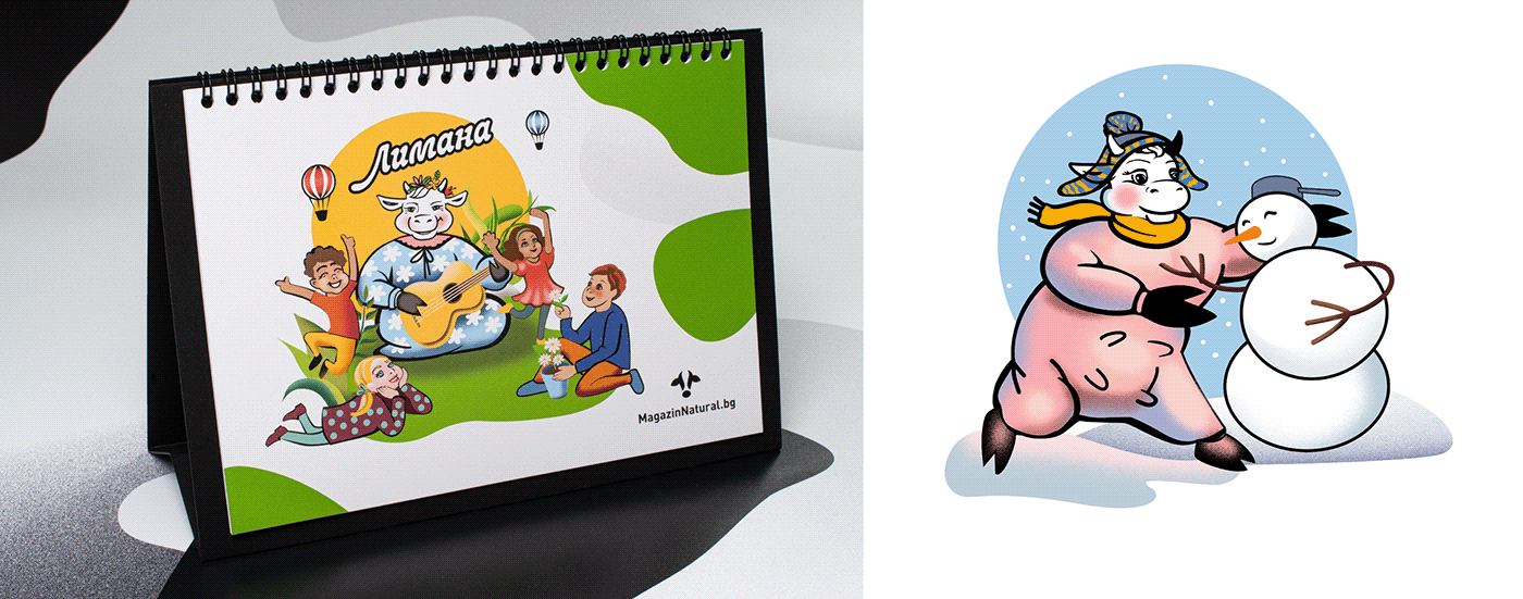 calendar cartoon Character design  cow digital illustration green healthy food ILLUSTRATION  organic print