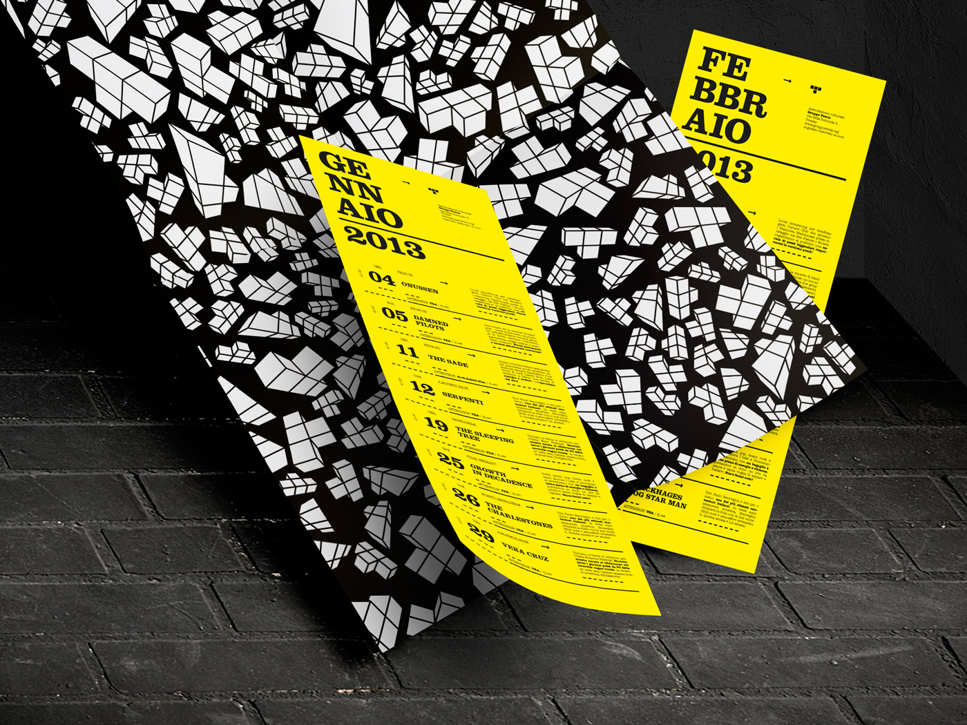 tetris club trieste DIY 3D brick texture black and white yellow to highlight calendar leaflets members cards Website gig posters surrealism