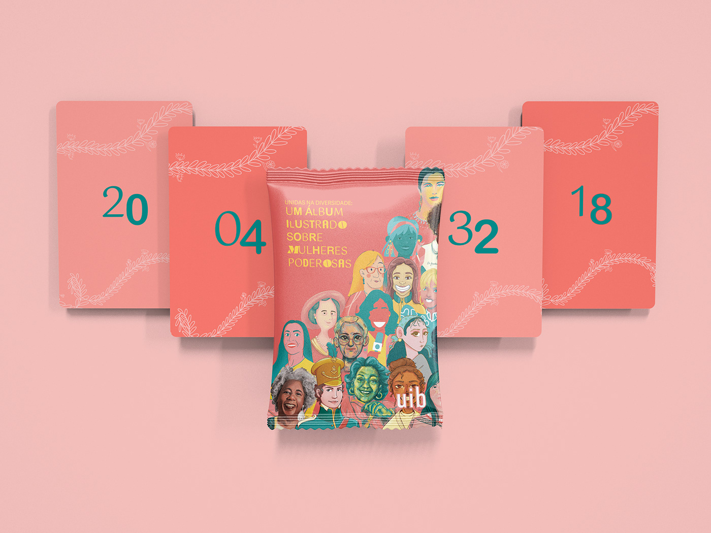 Mockup of a sticker card package about women empowerment sticker album surrounded by numbered cards 