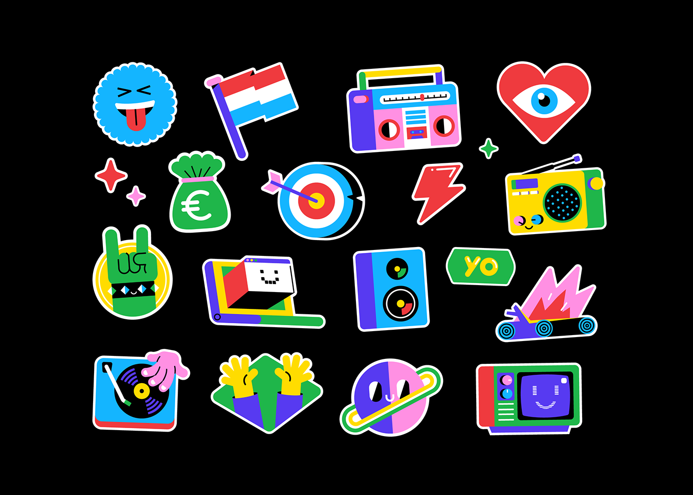 Character design  Computer funky icons patswerk Radio sticker set stickers vector yo
