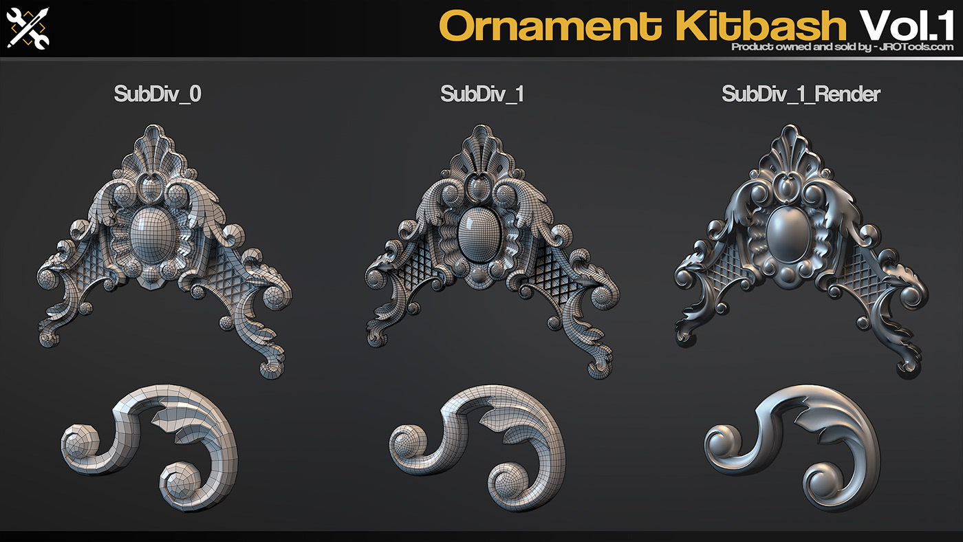 a set of 94 Ornament kitbash pieces & IMM brushes, the pieces are model...