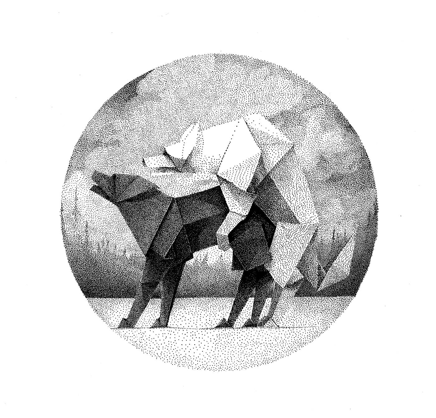 puntillismo dibujo origami  rosa rose dogs dots blanco y negro perros ilustracion