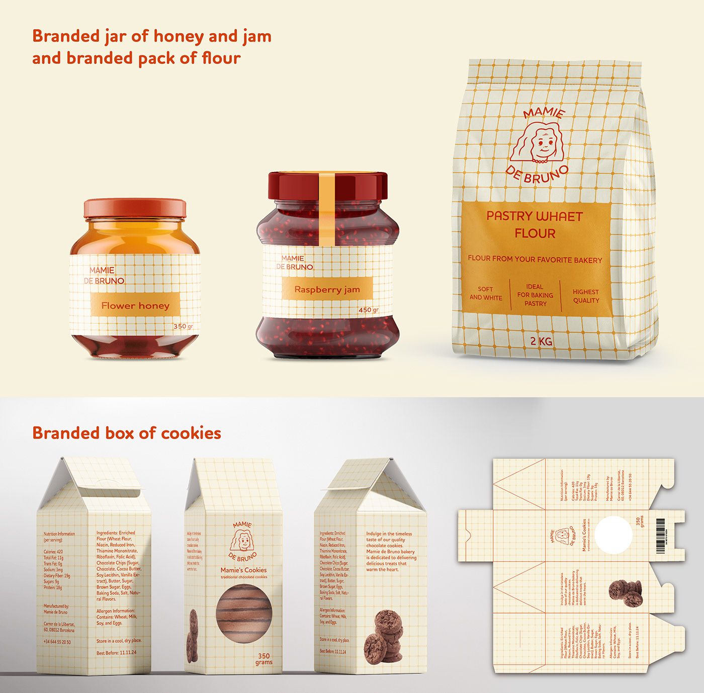 branded jar of honey and jam and branded flour and a pack of cookies