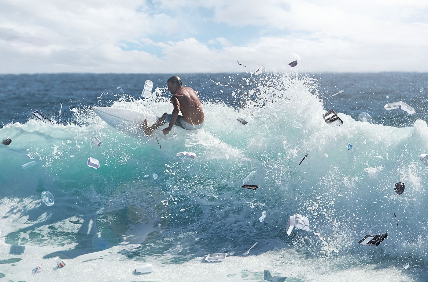 surfing plastic pollution water beach conceptual Ocean trash bags bottles