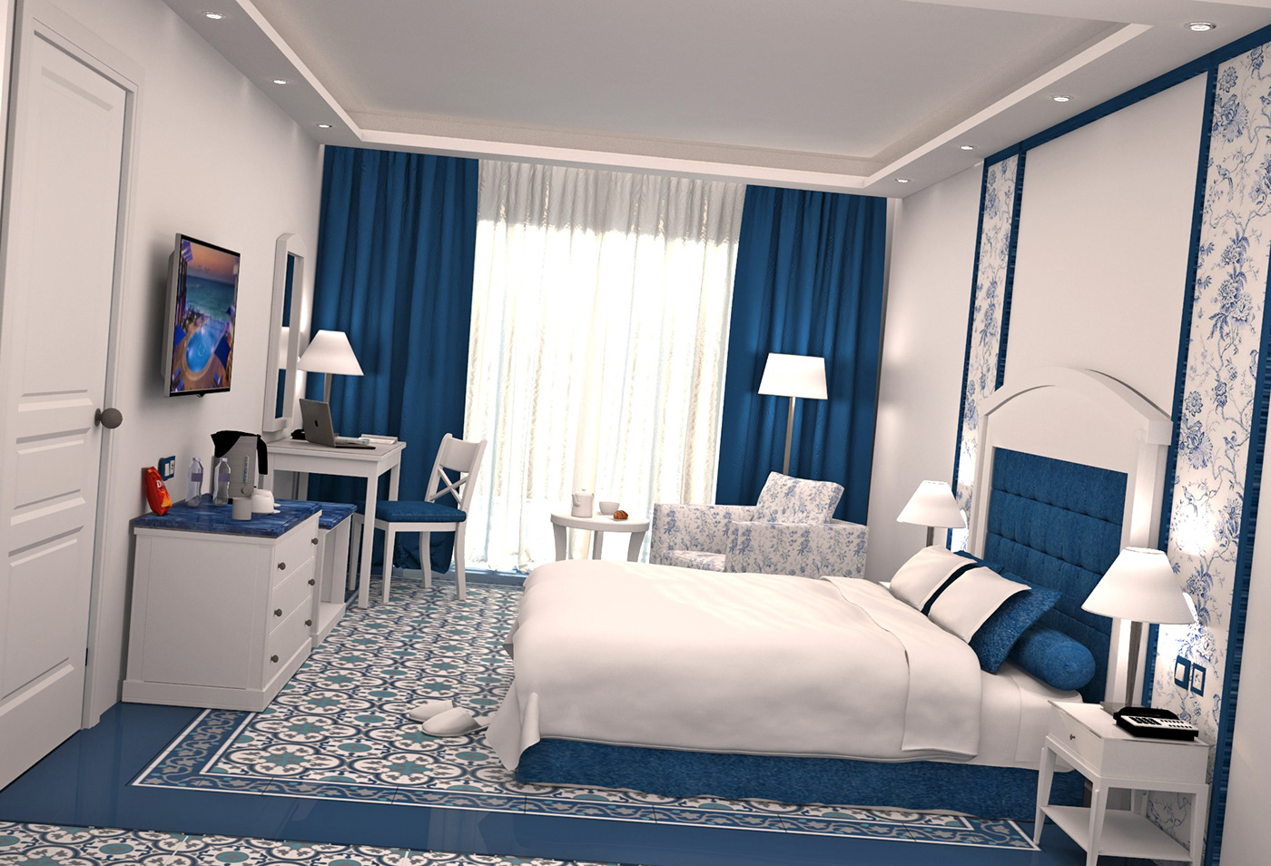 MOCKUP ROOM redesign renovation hotel room blue color scene The Nile Co. design motif cement tiles marble toilet white marble