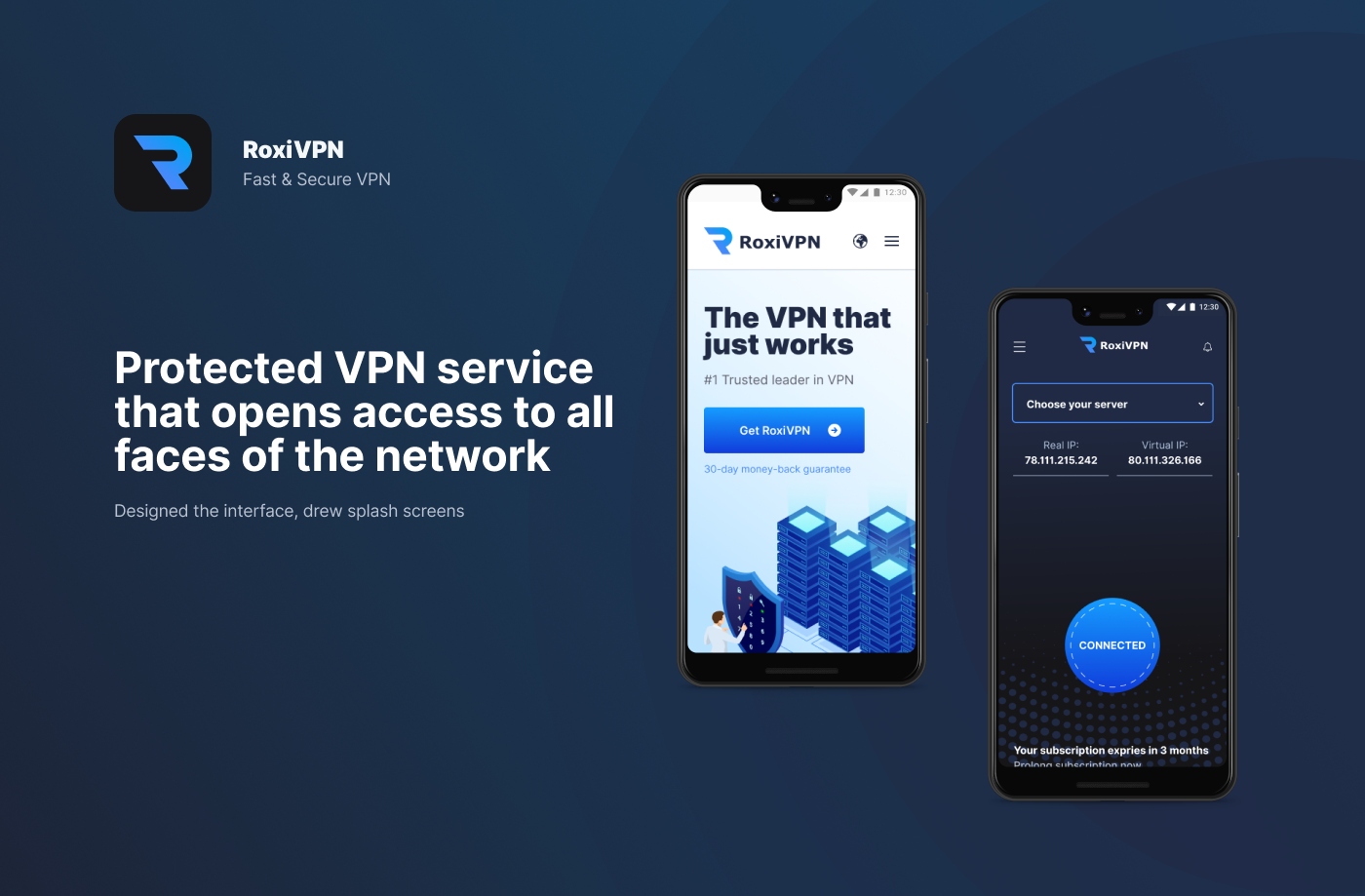 vpn product roxivpn dark theme landing deep blue service profile