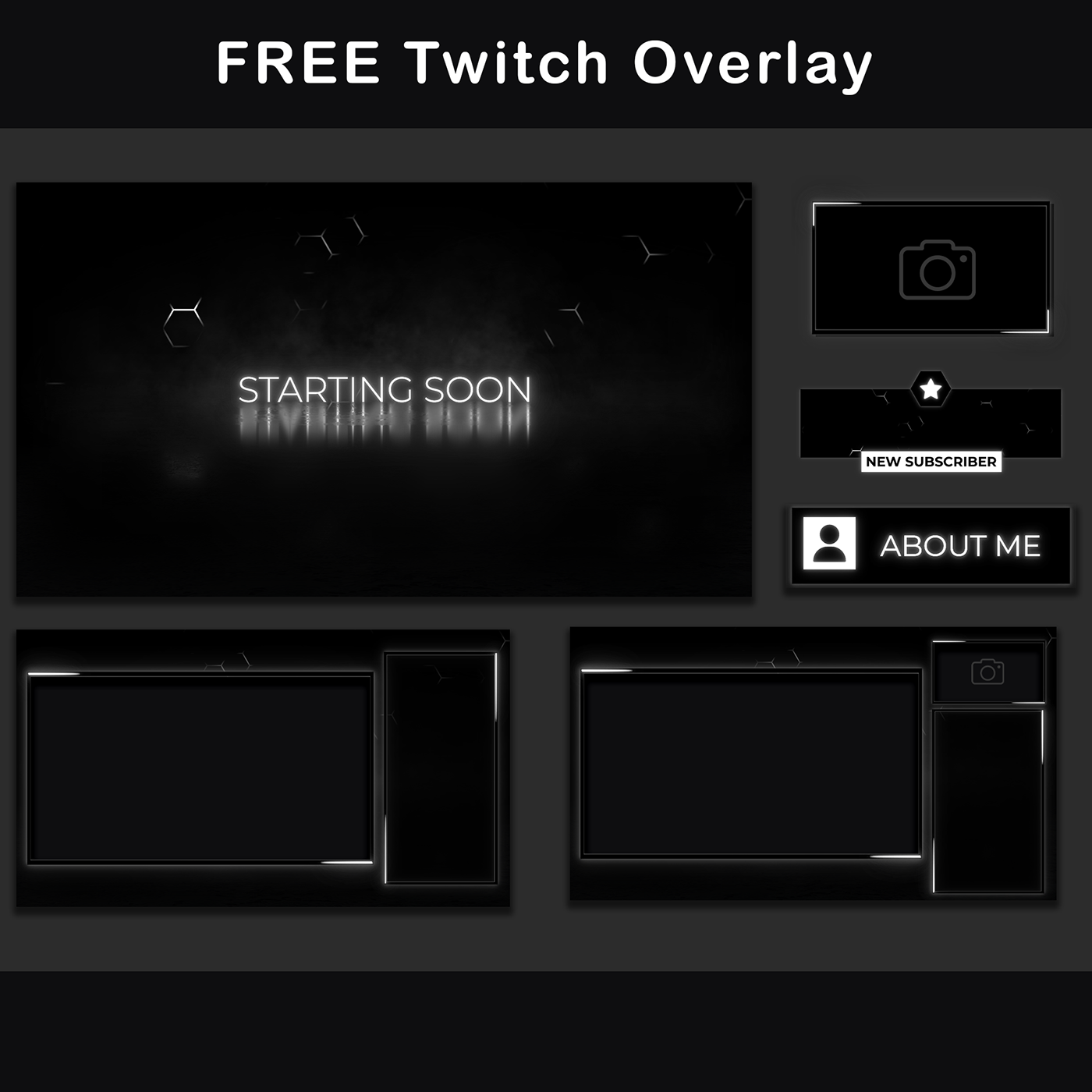 Overview of the free black and white Twitch overlay package for streaming.
