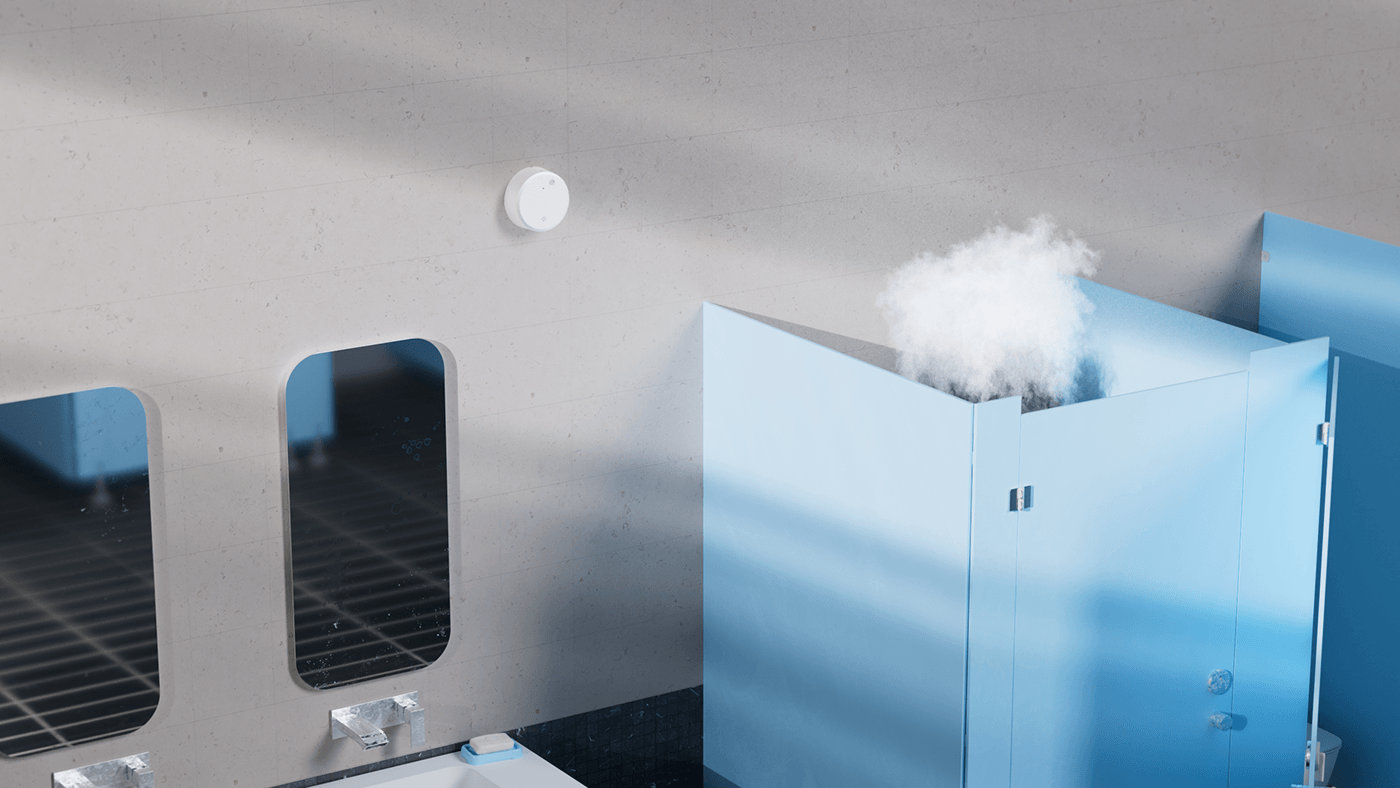 e2 security sensor is monitoring the vaping activity in the restroom, 3d motion graphics