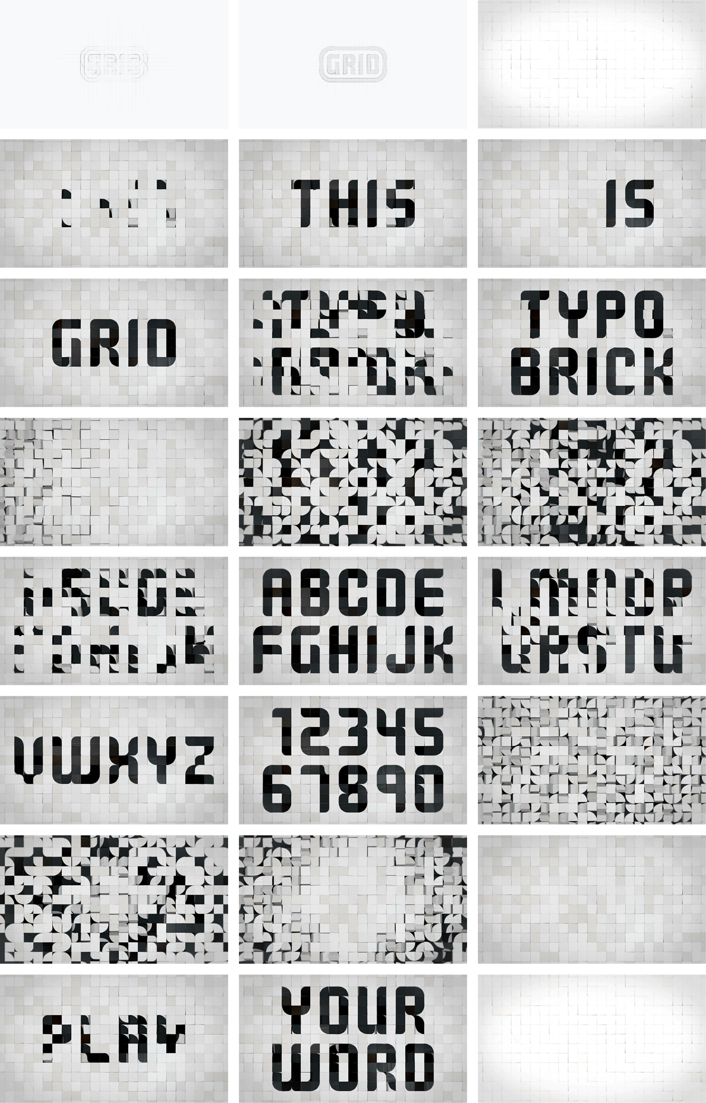 cube toy black and white brick grid instruction manual card package Typeface font module play build studio