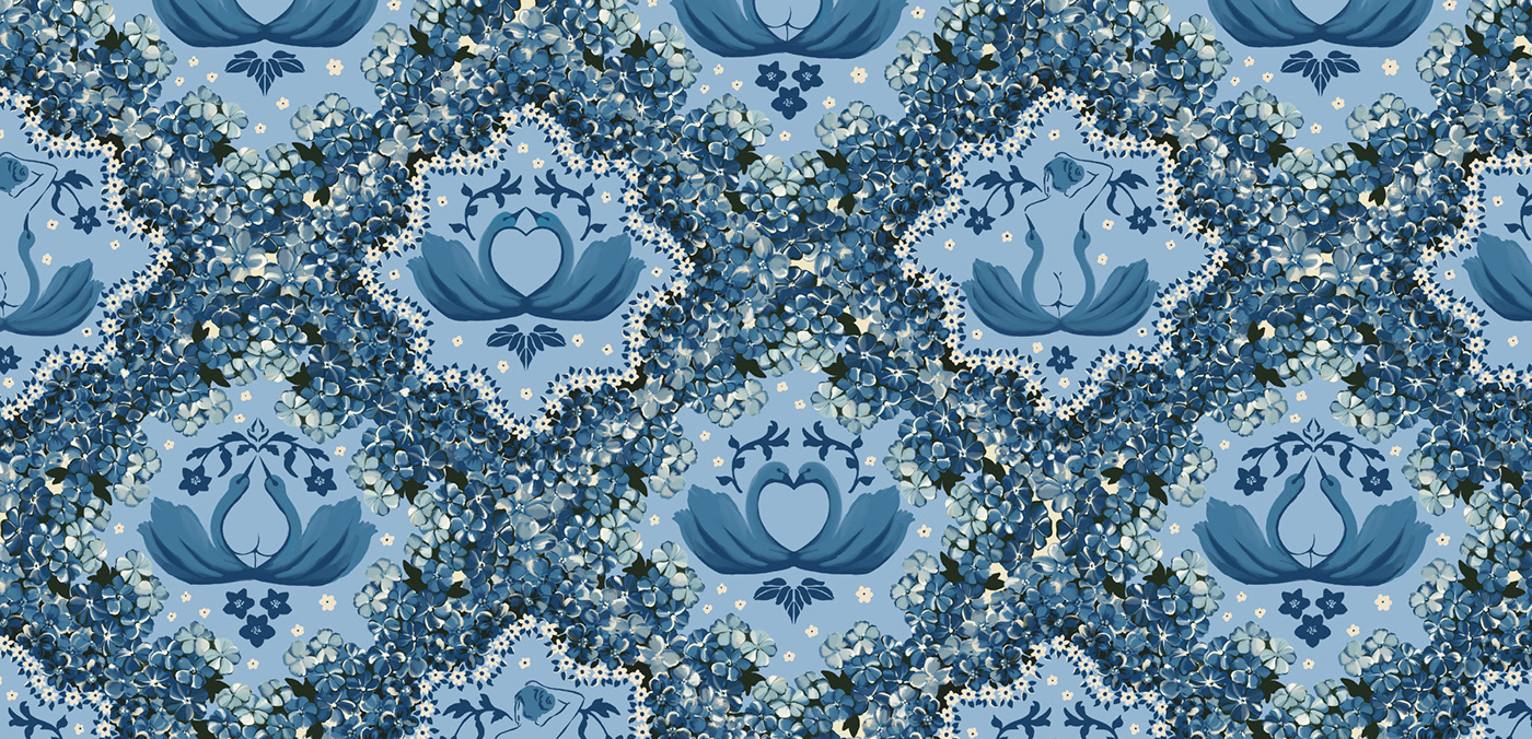 print design  pattern design  pattern making ILLUSTRATION  vintage fabric design seamless pattern textile design  floral swan