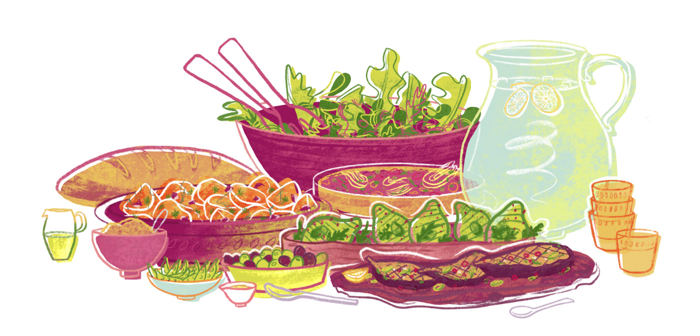 food illustration summer dinner lifestyle table digital painting Editorial Illustration vegan