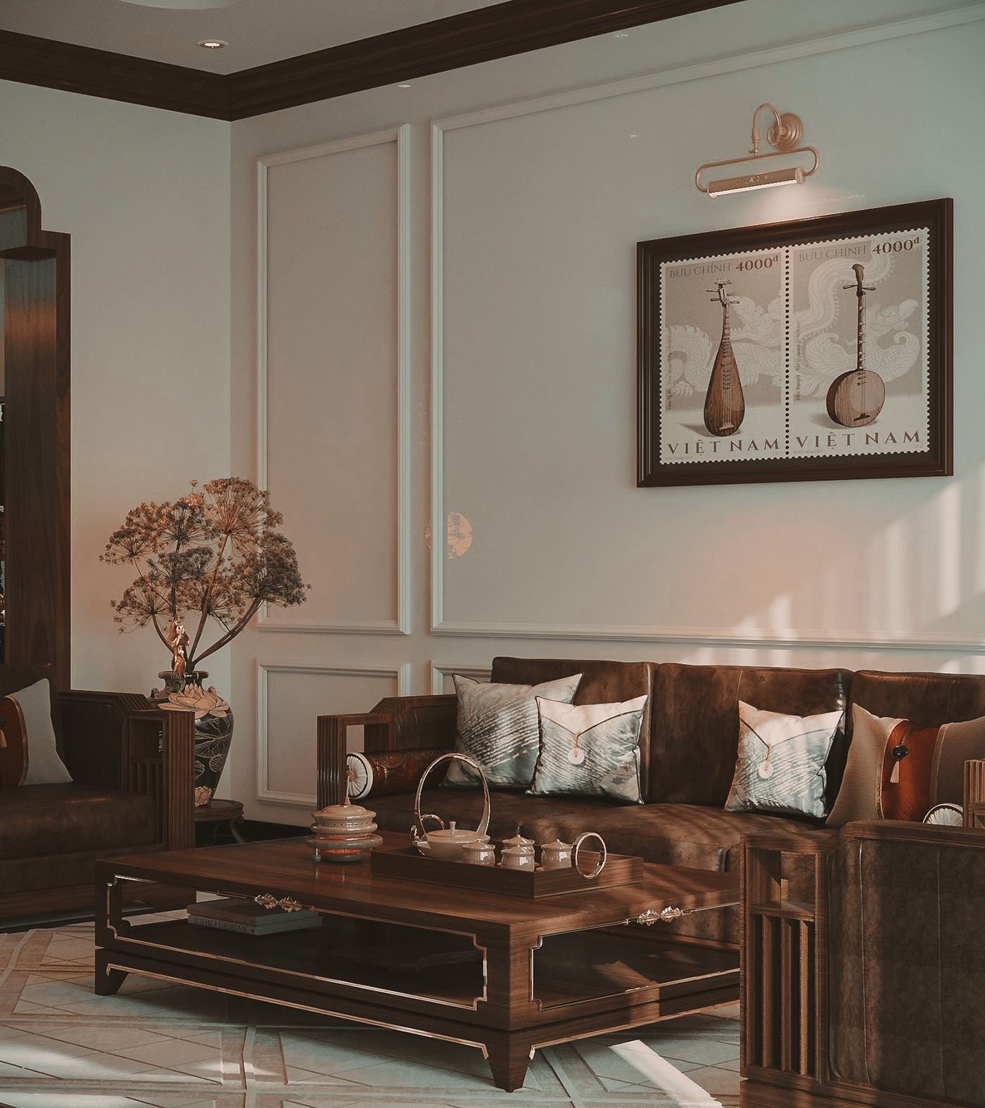 indochine walnut living room kitchen interior design  corona render  3ds max architecture
