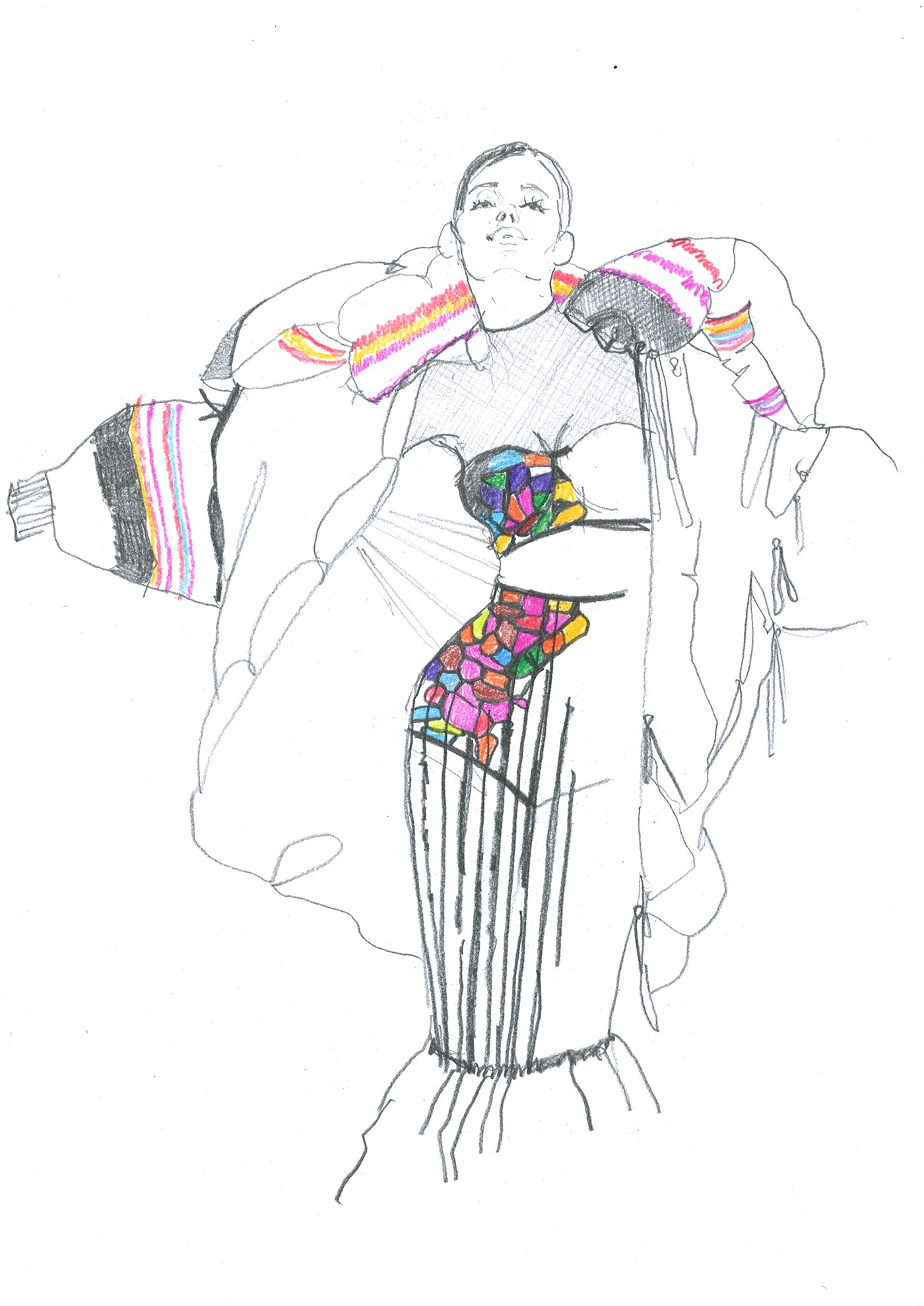 watercolor pencil Fashion  glamour Style malemodel Gress pattern girl posing