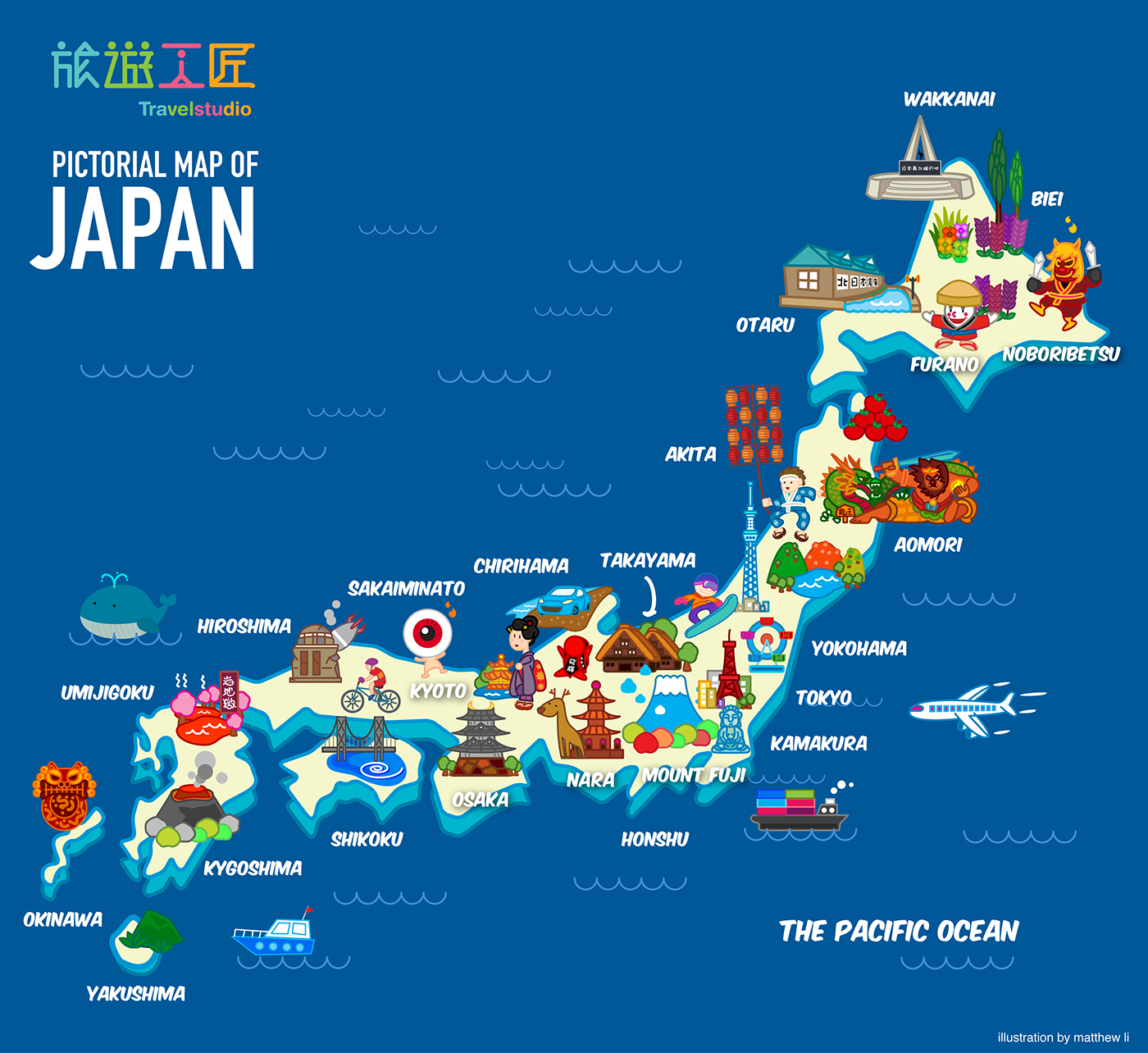 japan Pictorial map cartoon site place location direction area infograhy Travel colour