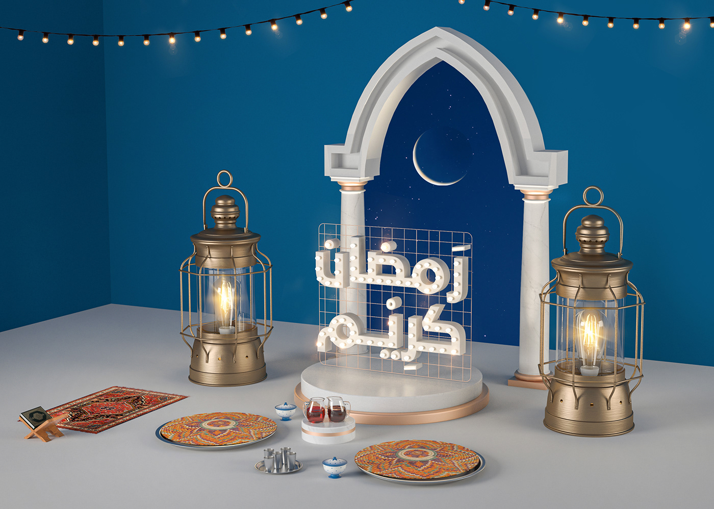 3D blue lantern light moon night ramadan social media traditional Sudan