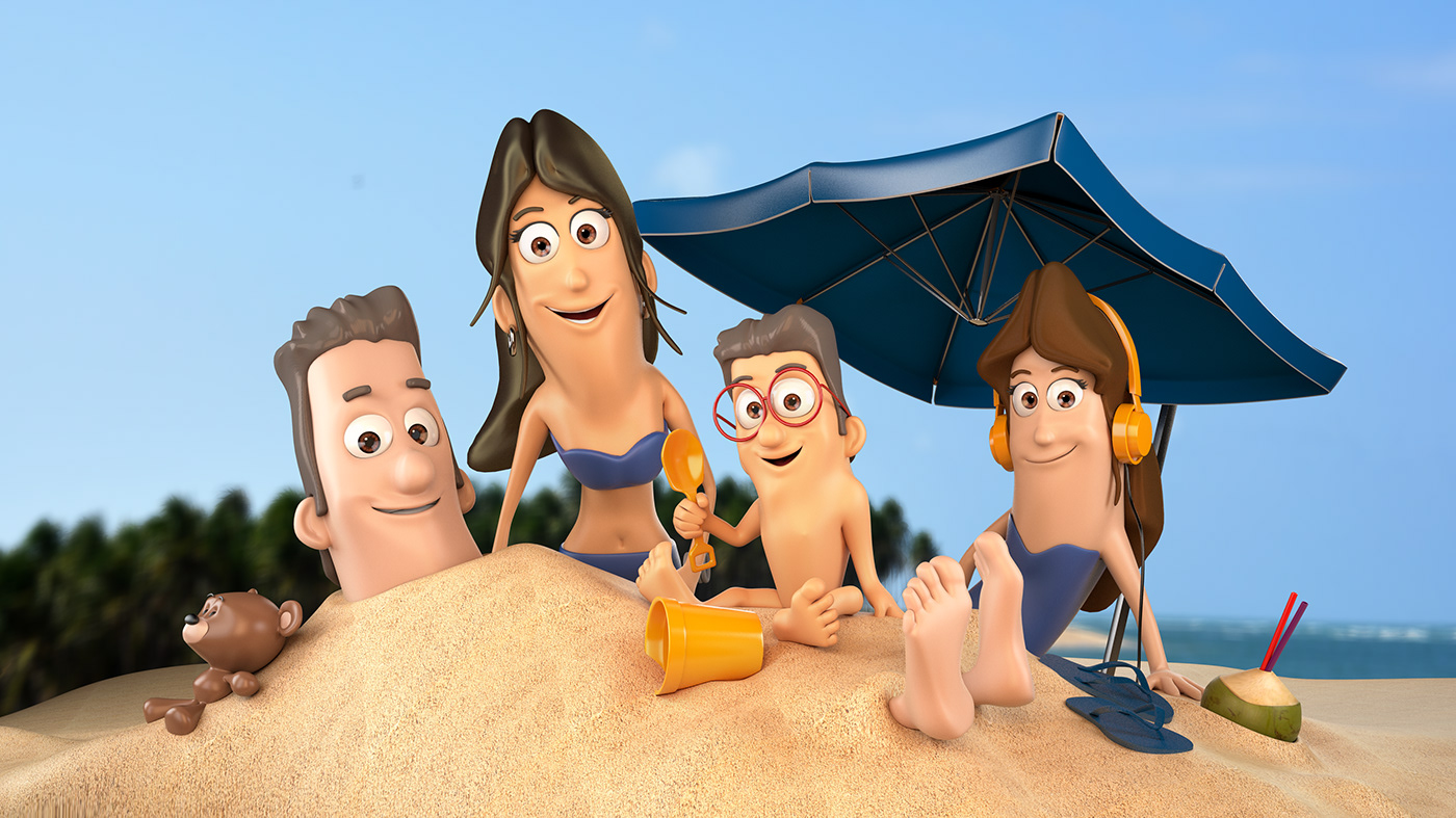 family 3D toy sweet CGI beach smile happy Character design