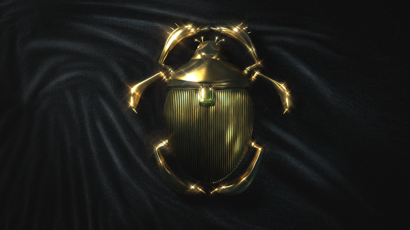 clean cover art golden scarab with an emerald gem against dark fabric material, shiny gold 