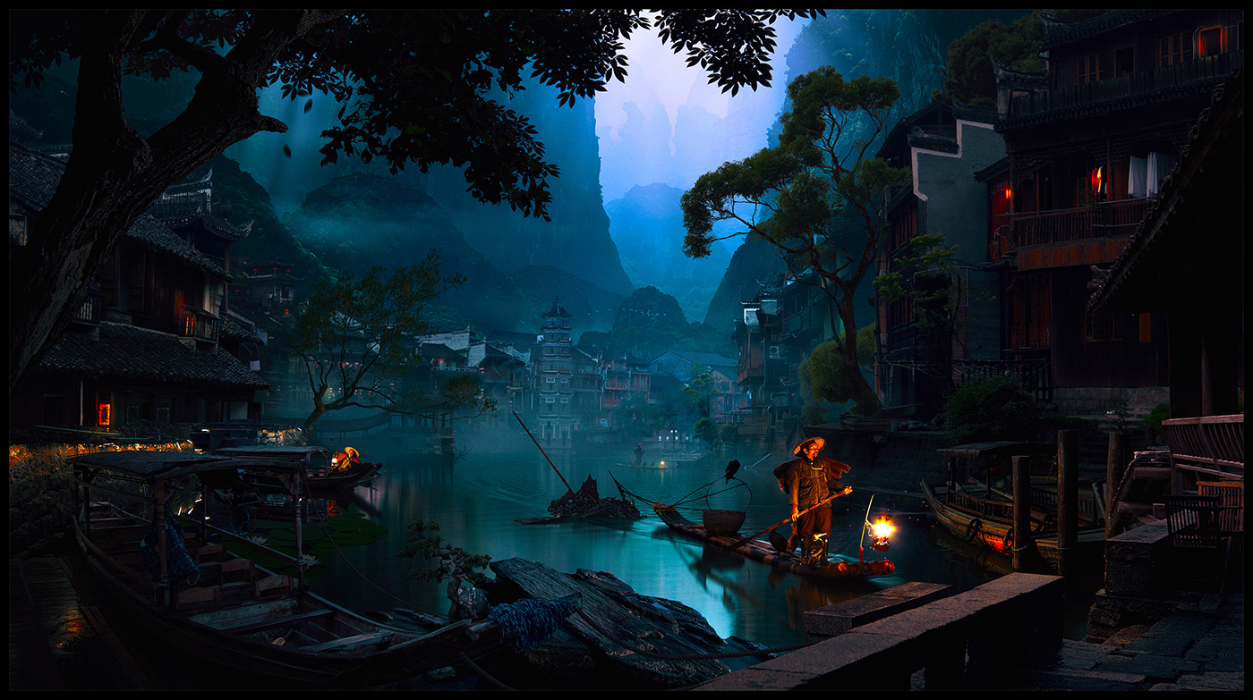Glazyrin Matte-painting CGI river asia retouch Landscape twilight fishing