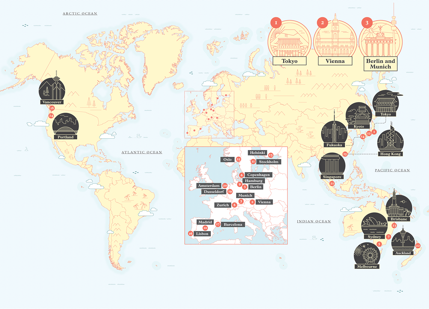 map mapillustration Cities to25 Monocle monoclemagazine editorialdesign infographic icons