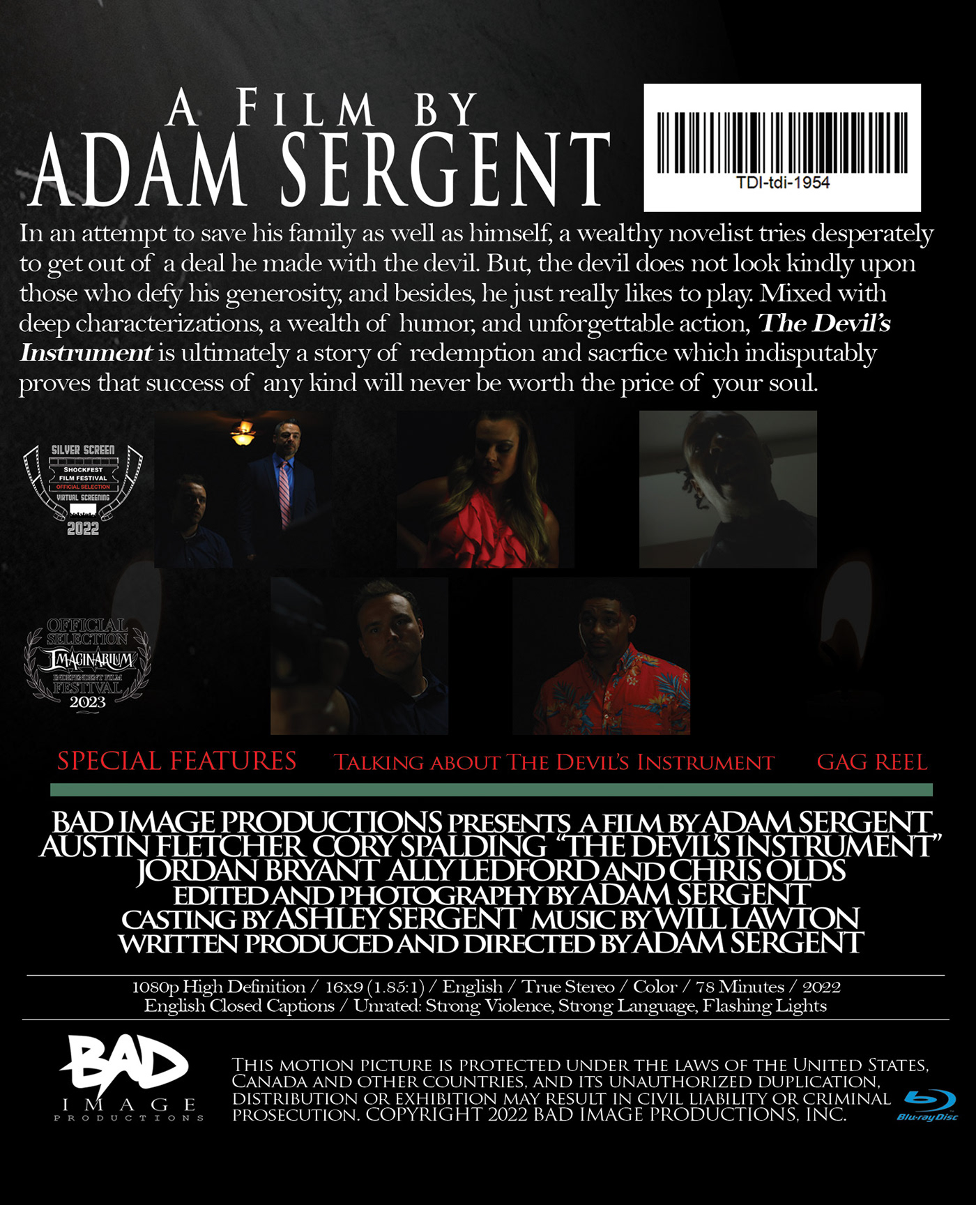 bluray cover  bluray movie horror filmmaking Filmmaker adam sergent bad image productions feature film the devil's instrument