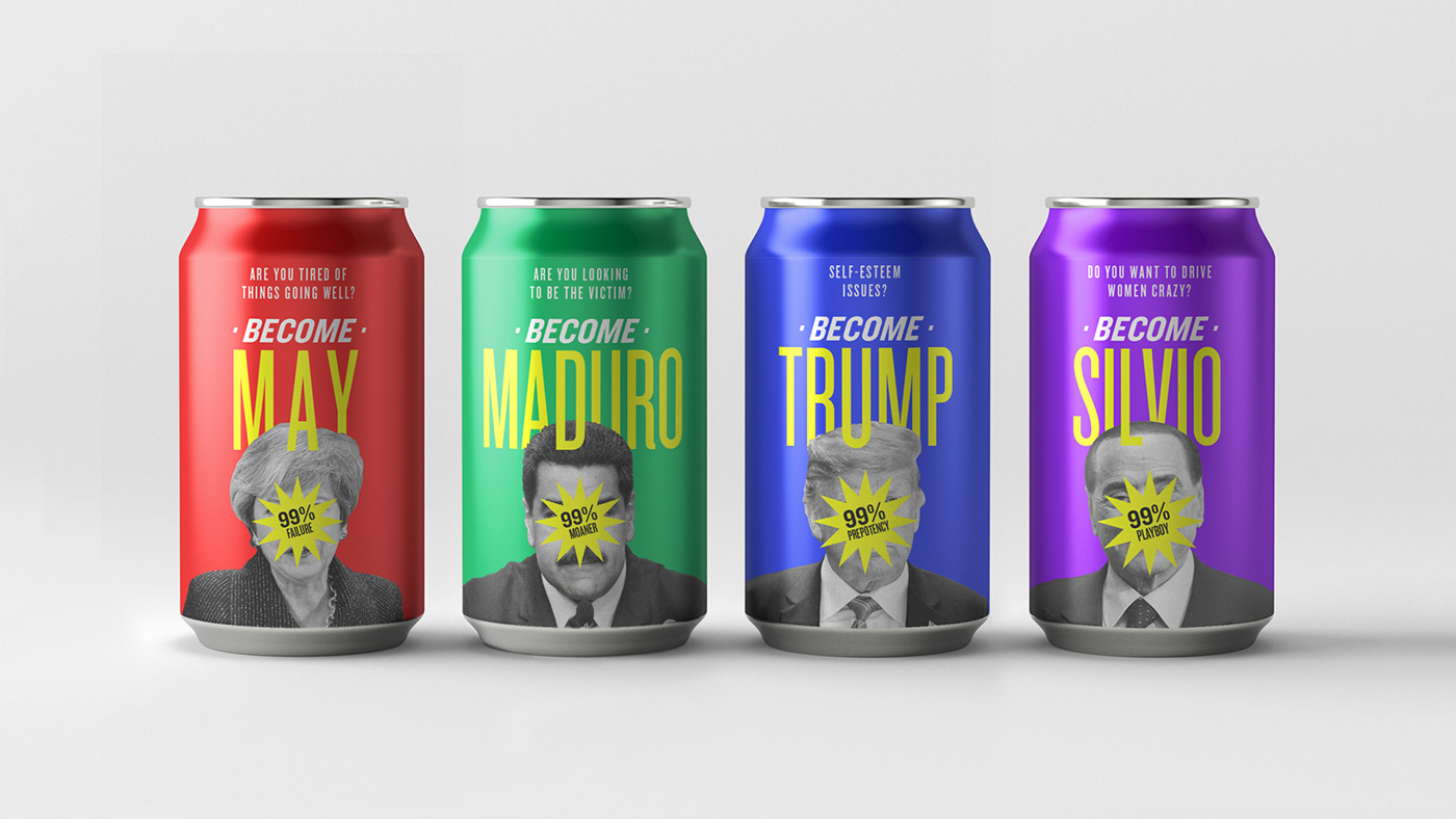 Trump berlusconi May Maduro politca politics design beer soda Packaging
