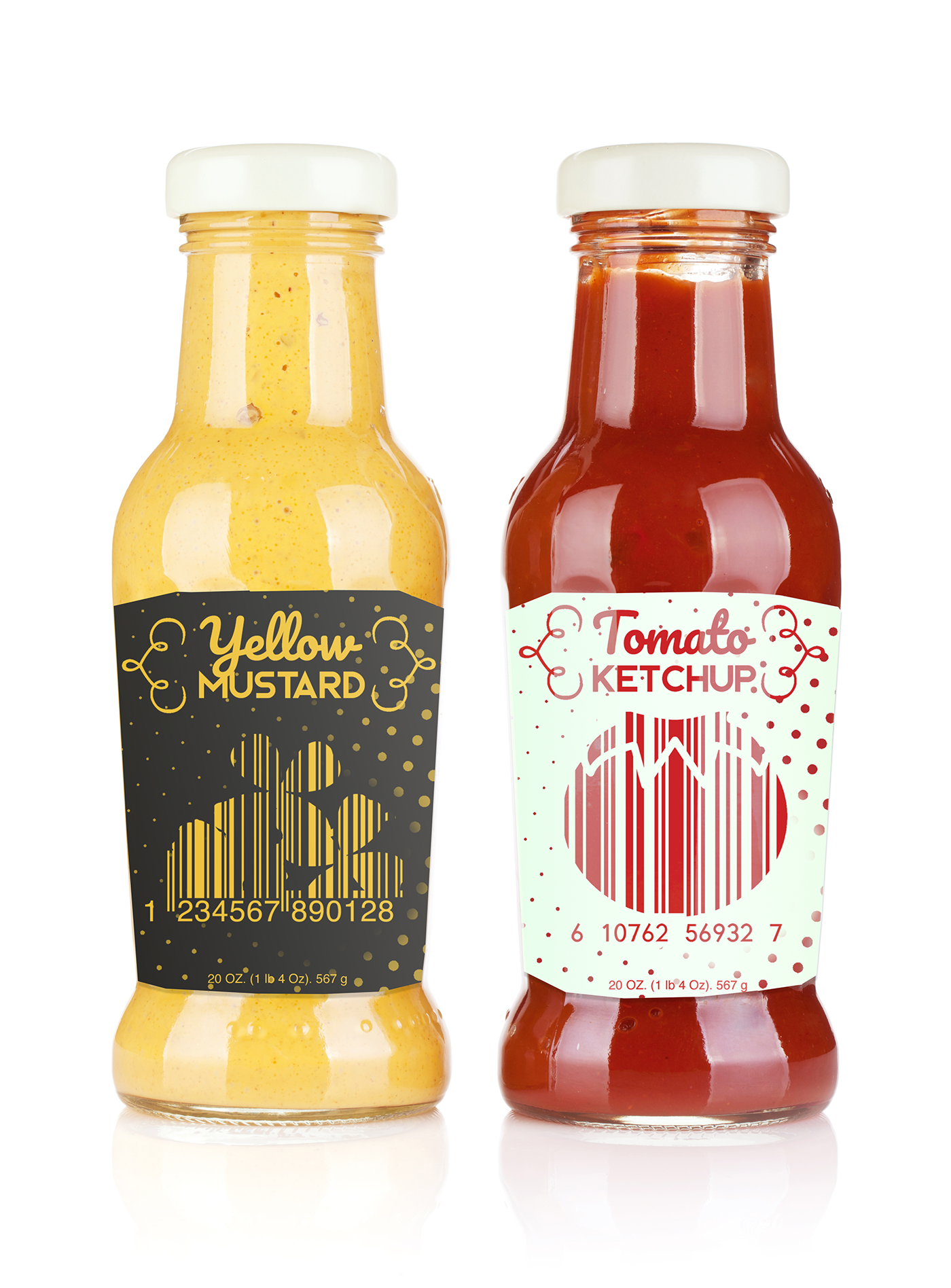 ketchup mustard Packaging print barcode bottles red yellow Tomato dots