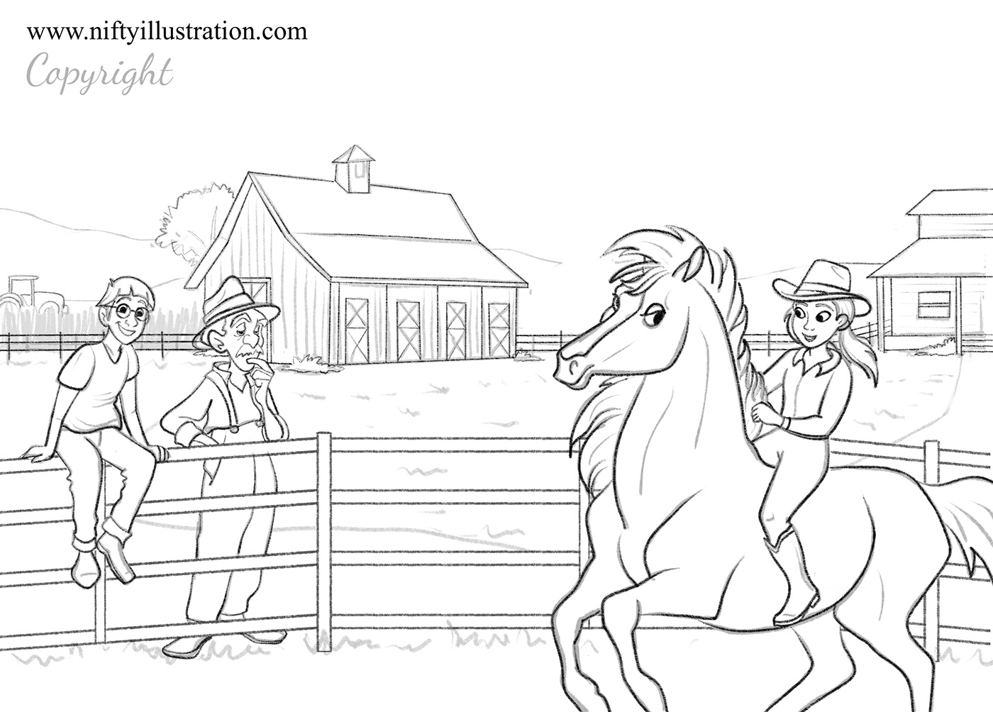 childrens book ILLUSTRATION  animation  Character design  horse pony farm cowgirl cowboy barn house boy girl horse ride farmer