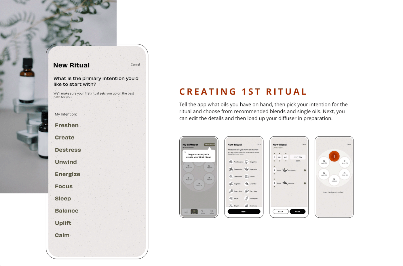 app design Aromatherapy automation diffuser app future tech Mindful Design Mobile app product design  UI ux