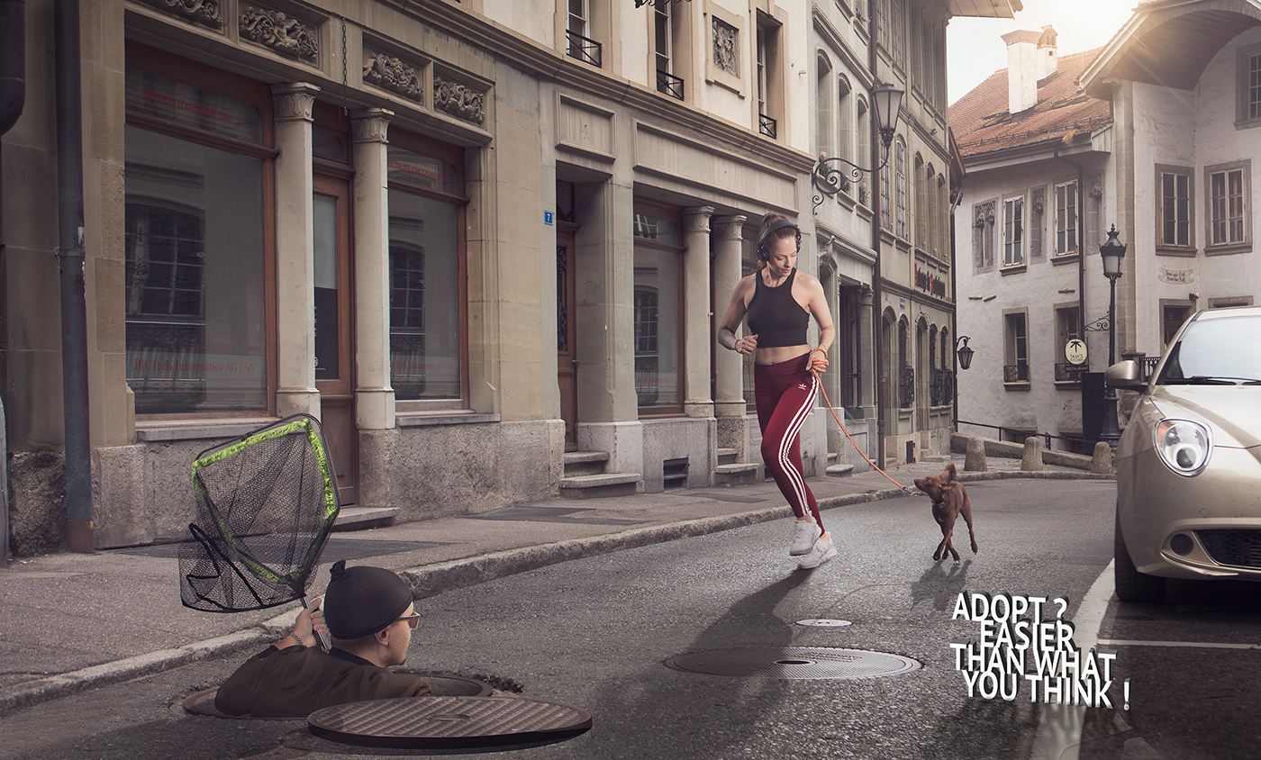 Advertising  campaign animals swiss onlocation adopt dog people Switzerland scenario