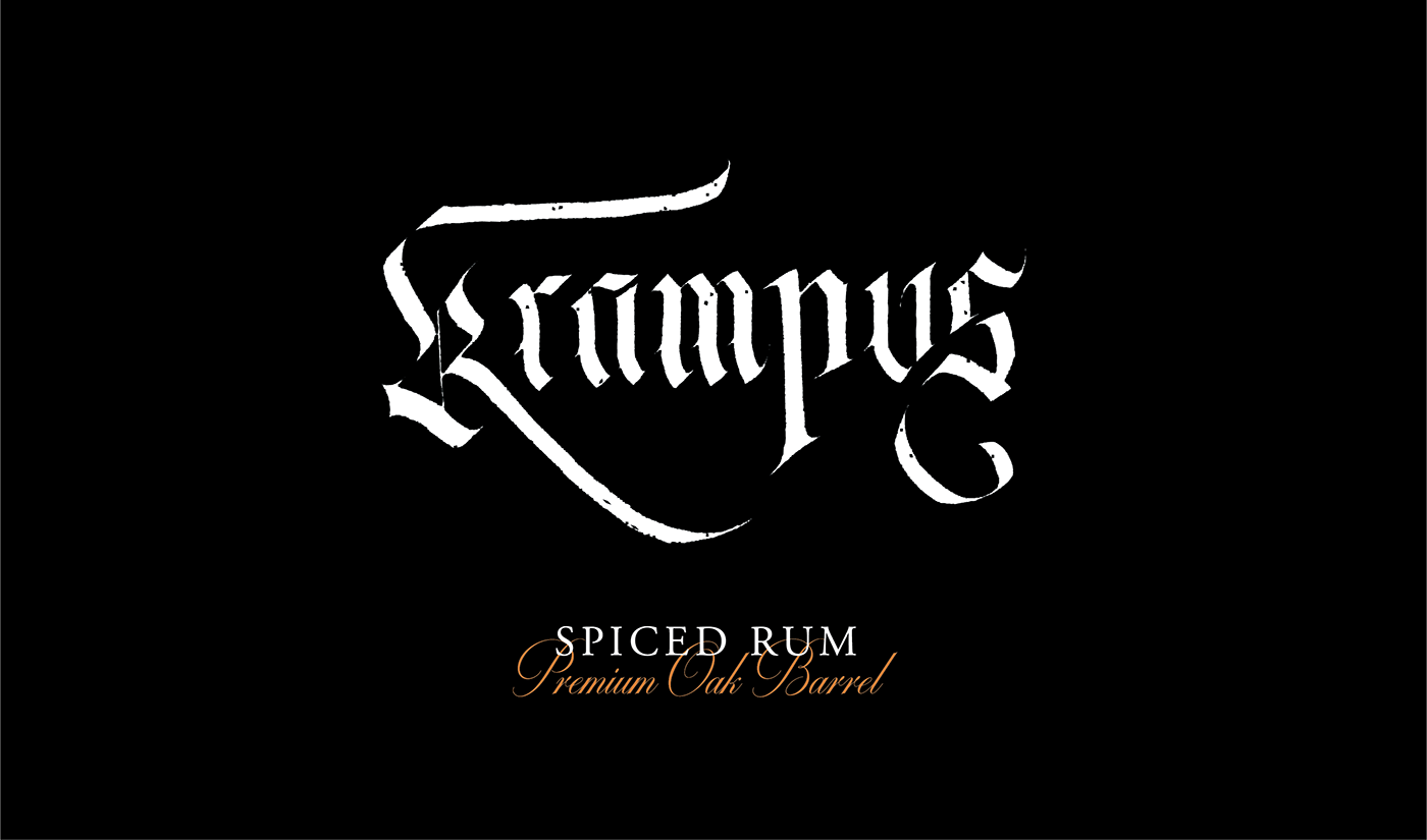 gothic Blackletter Krampus Rum Packaging bottle dark alcohol Script typography  