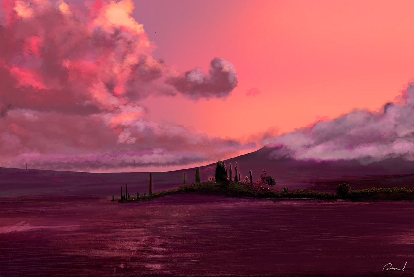 Digital Art  Drawing  Landscape sunset Tuscany