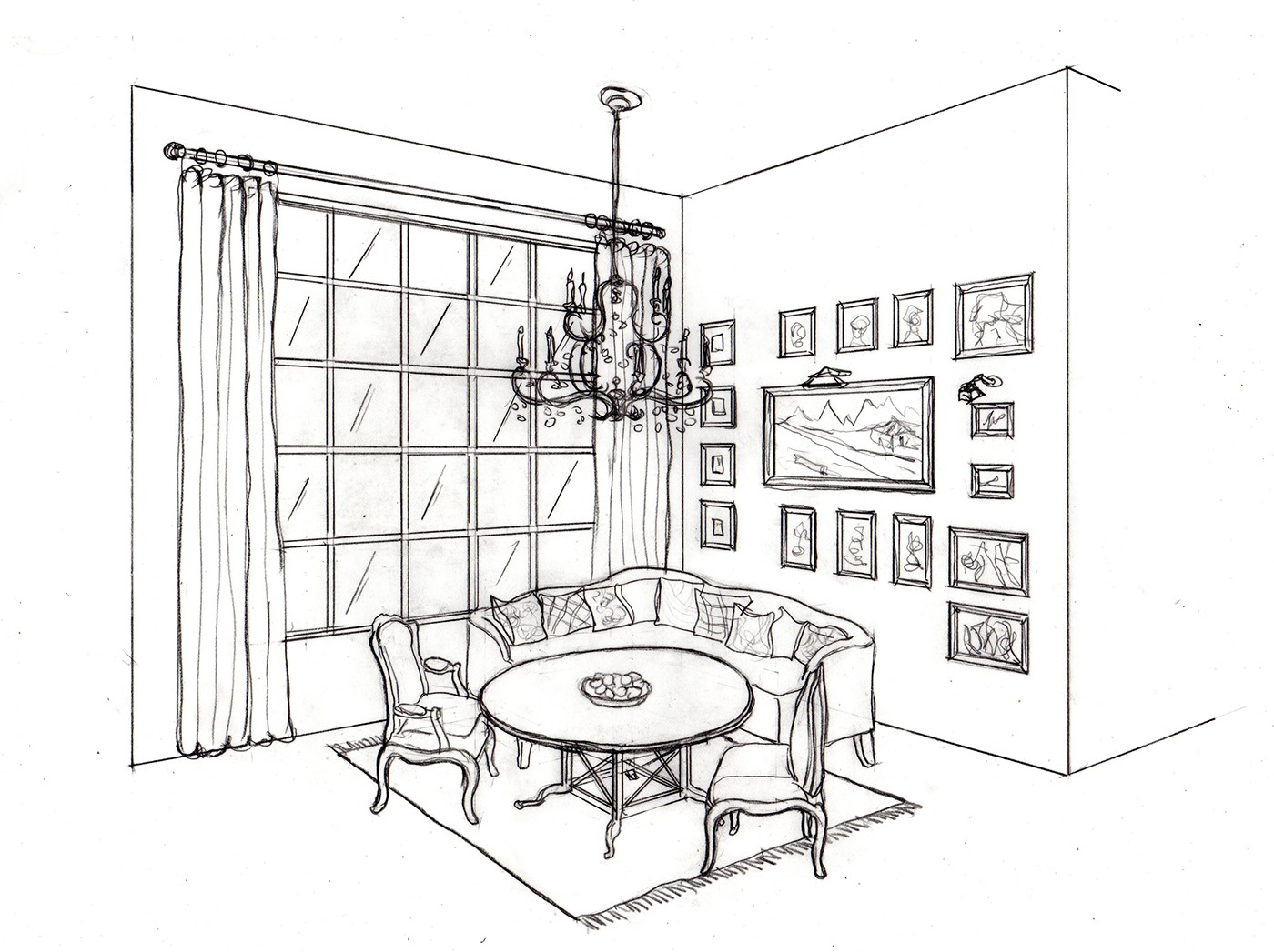 Kitechen banquette quick sketch concept kitchen nook graphic illustration interior sketch concept
