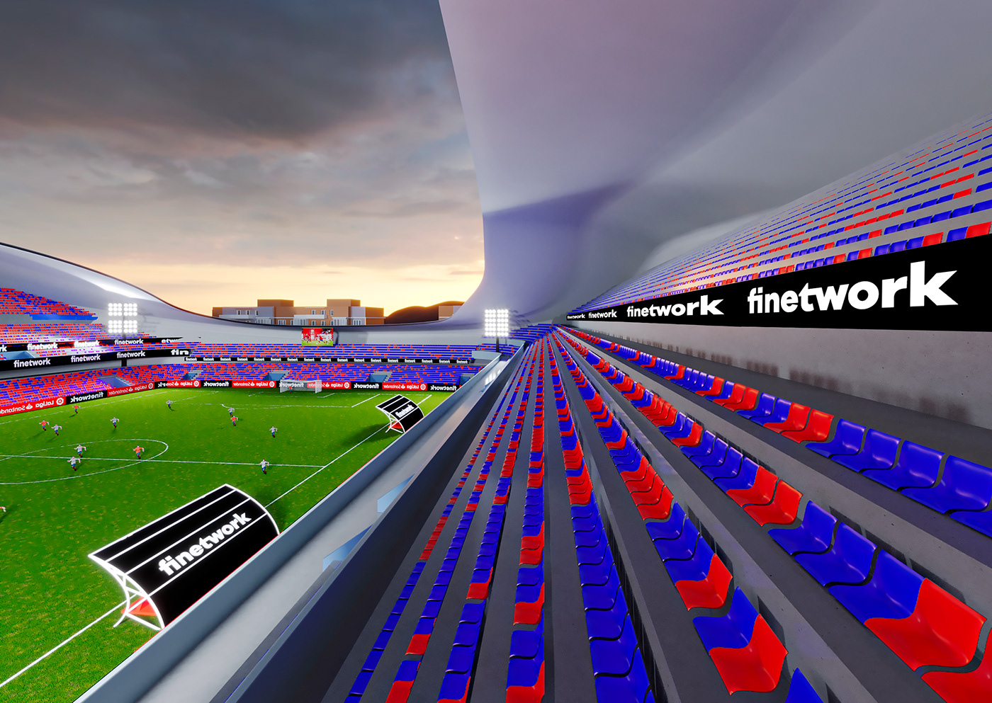 This image is the interior of the new stadium, shows a football game and a lot of people in crowd