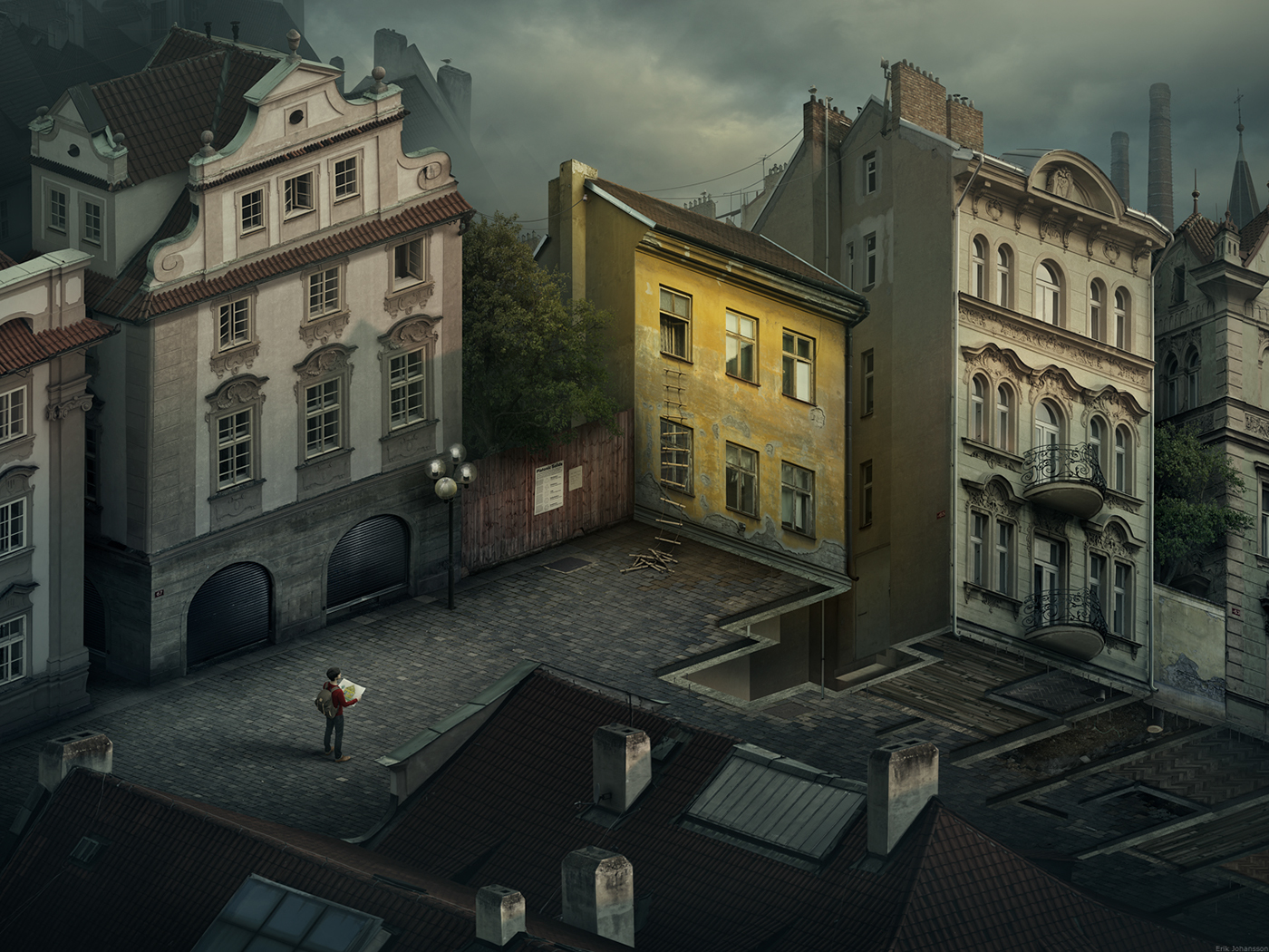 surreal illusion Perspective city prague Erik Johansson yellow house Urban dark