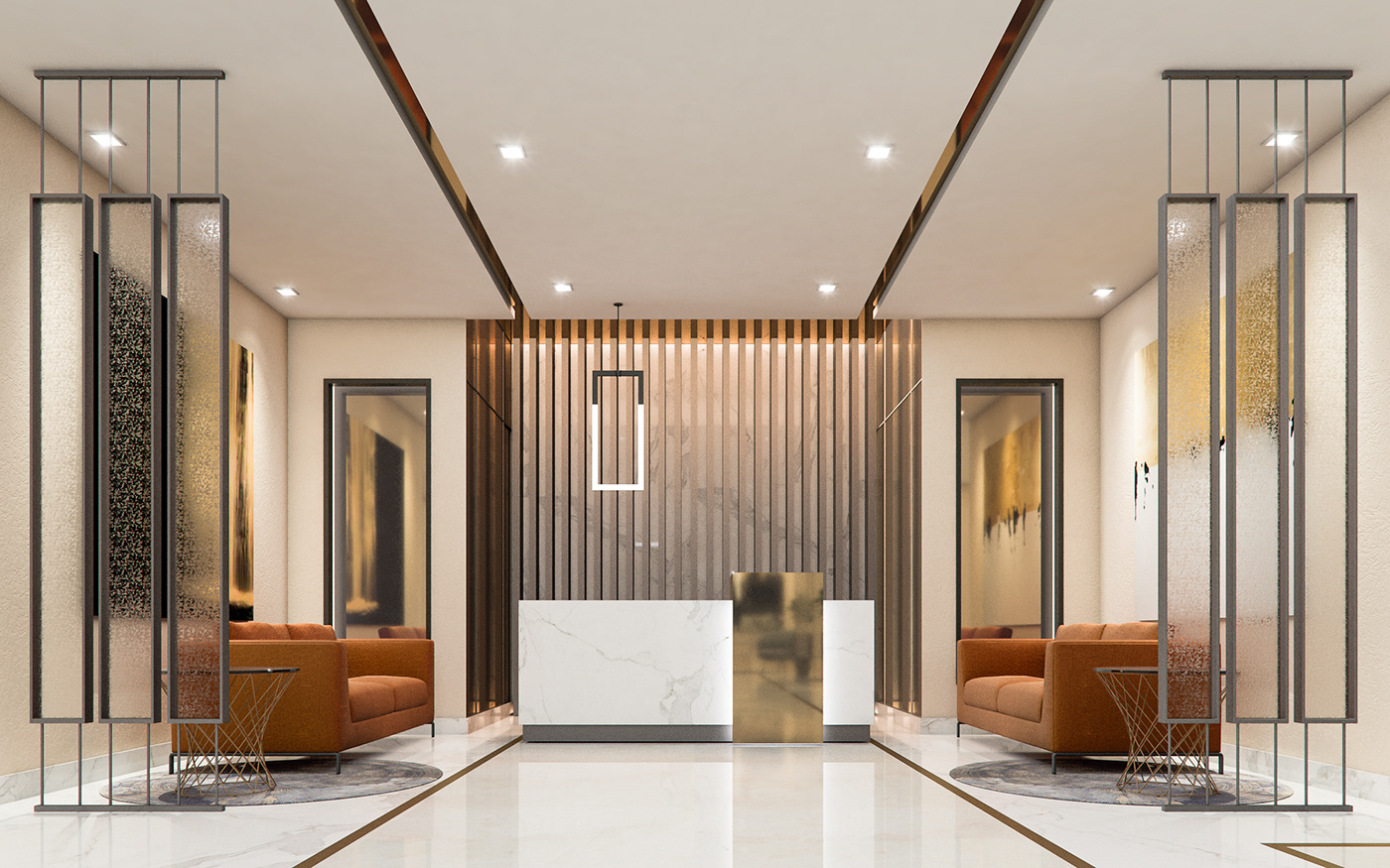 Interior Lobby reception hotel brass details simple luxury UAE Oman