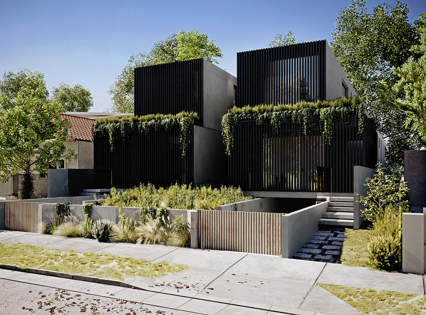 Duplex House design folliage CGI 3D Render natural materials Australia 3D Rendering architecture