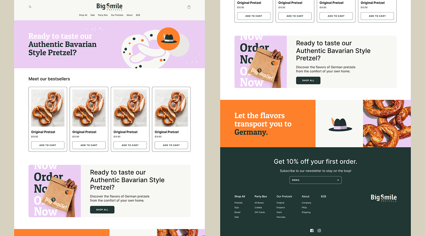 Shopify UX UI Website Food  pretzel Logo Design visual identity Ecommerce Figma Web Design 