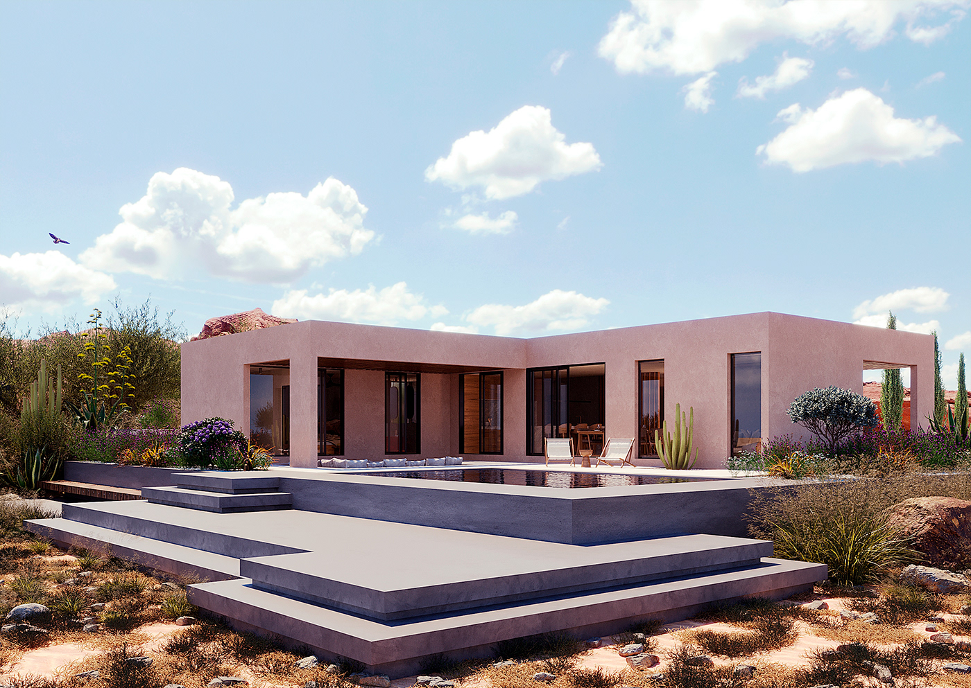 Exterior view of a minimalist house in the middle of the desert
