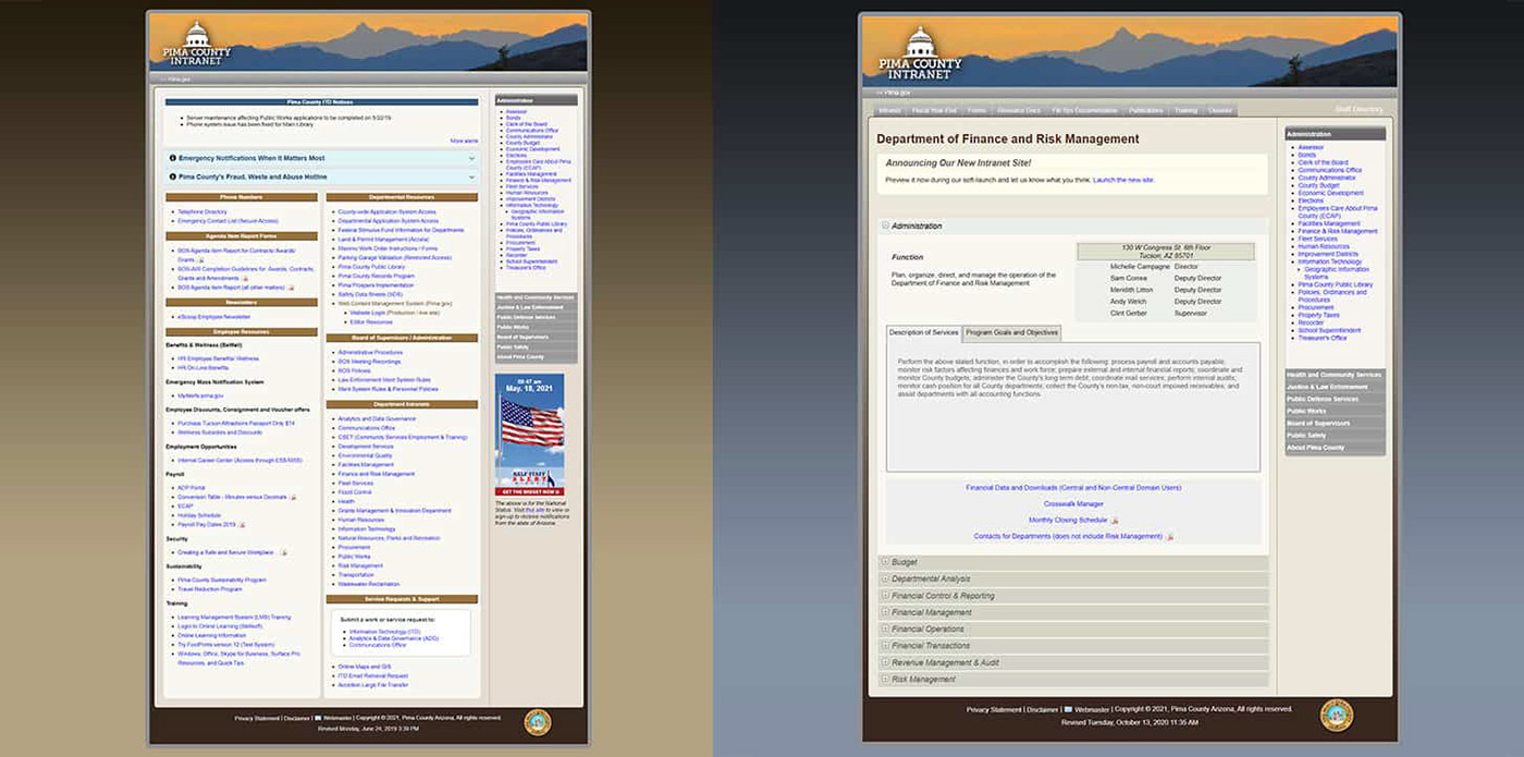 Pima County's old intranet site had an outdated design and lacked modern features and functionality.