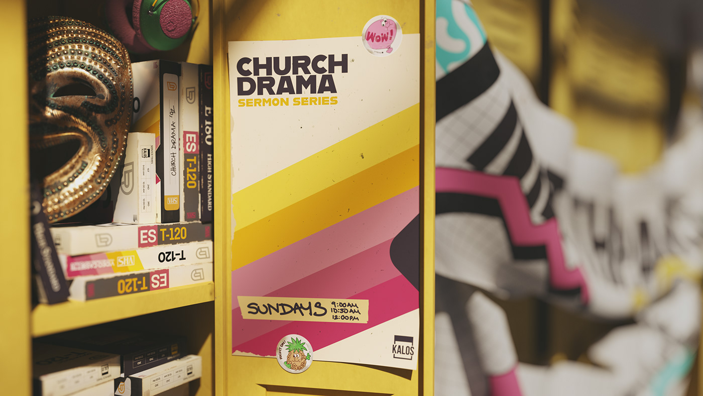 An open locker reveals stacks of VHS tapes and a poster for "Church Drama" the sermon series.