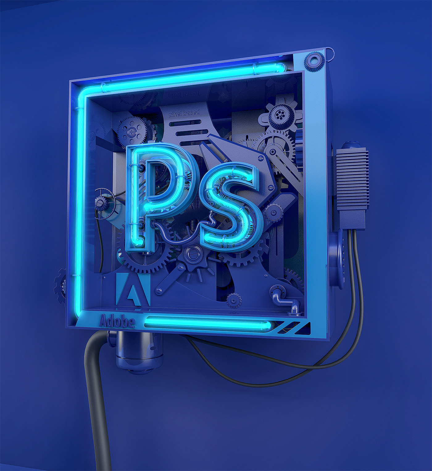 Adobe Photoshop adobe photoshop blue neon 3D light glass mechanical engine gears logo