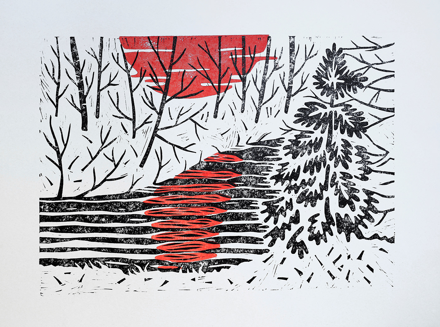 art Coast engraving forest linocut Nature river sundown Tree  winter