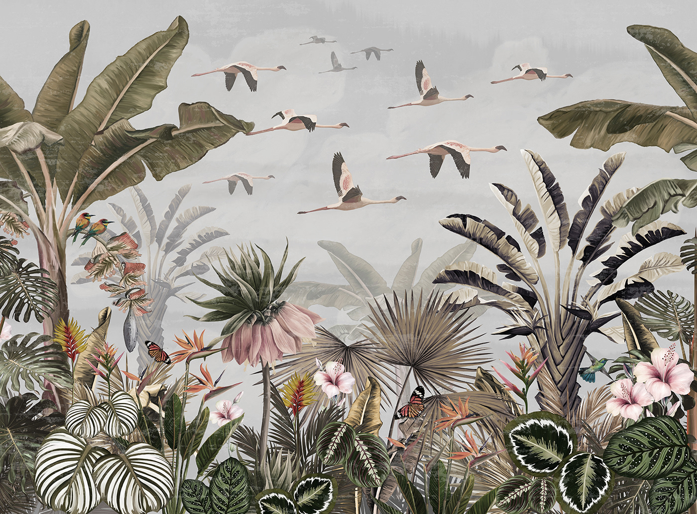 Tropical Nature Landscape flamingo Drawing  wallpaper pattern print forest wallmural