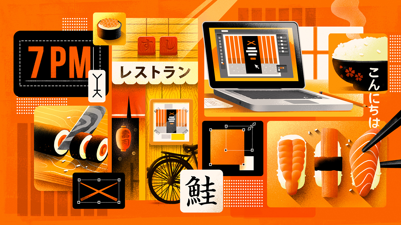 ilustracion adobe colorful camera design characters Sushi japan flyer japanese western type photoshop