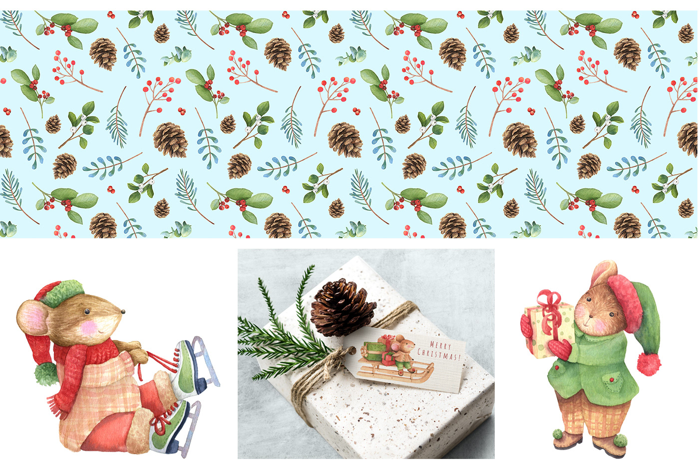 Seamless pattern with winter plants. Cute mouse characters. Watercolor illustrations.