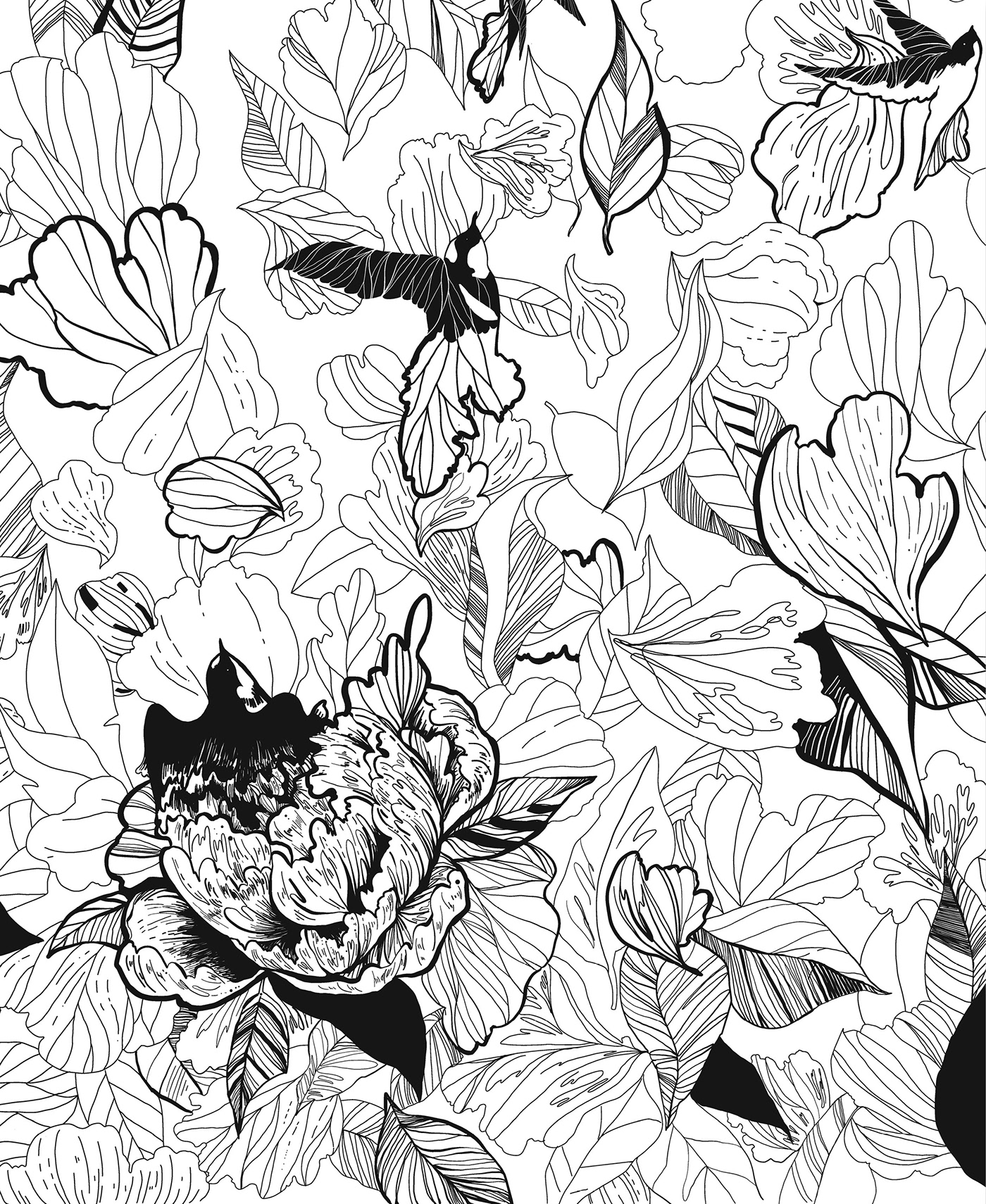 art asian black and white design fantasy Flowers Luxury Hotel New York pattern pen and ink