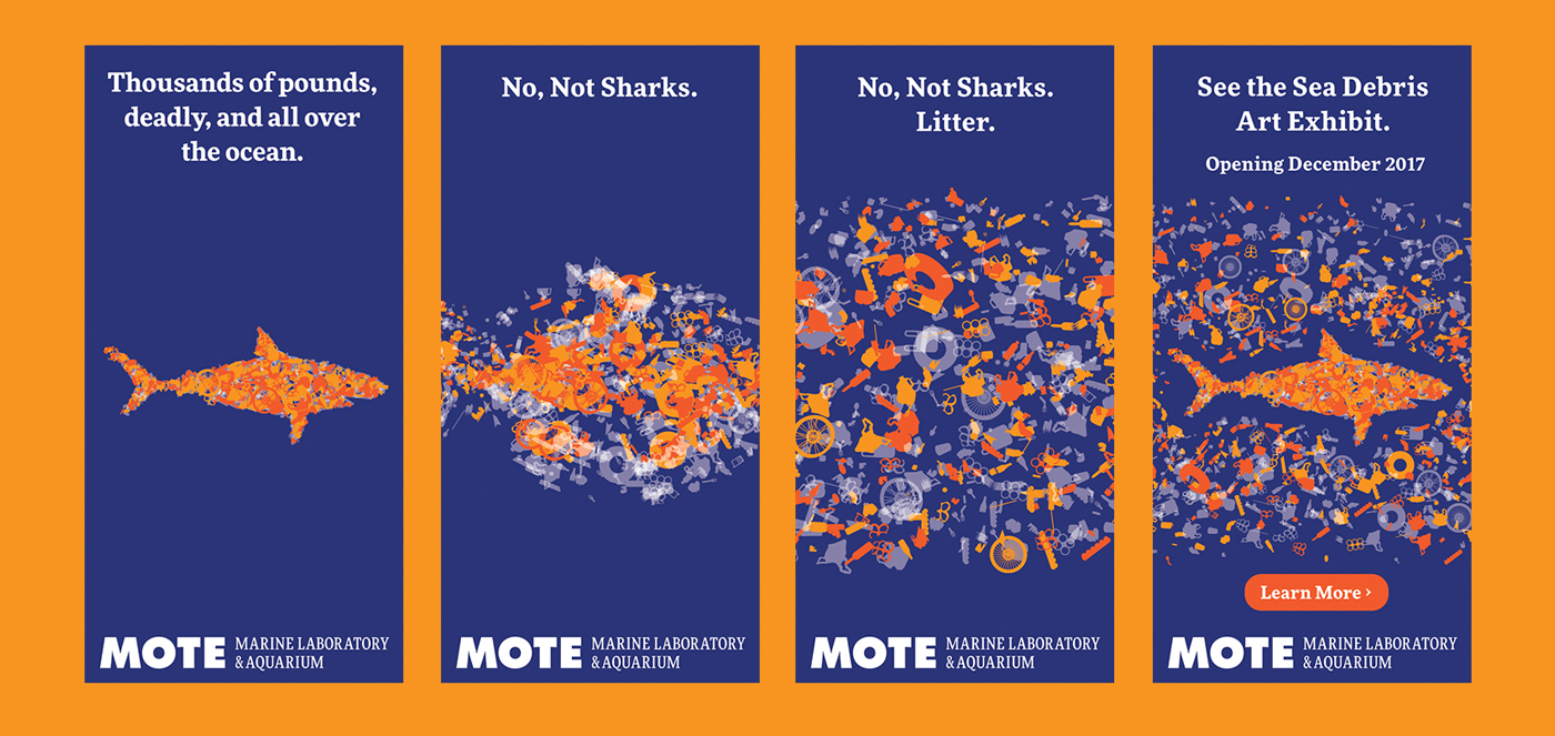 Art Exhibit Promotion environment Ocean shark collage trash sculpture aquarium museum